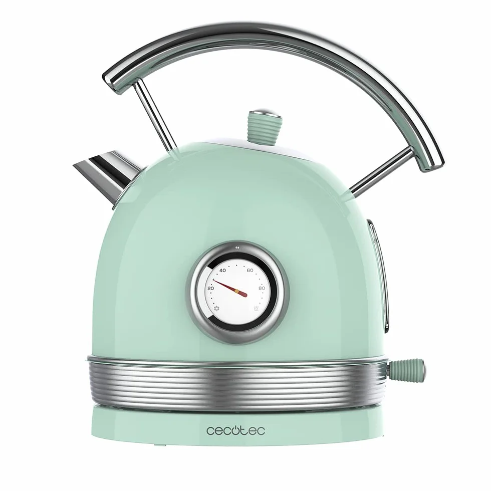 Cecotec Bouilloire électrique ThermoSense 420 Light Green. Capacité de 1,8 litres, 2200 W, compteur de température, base 360°, acier inoxydable, style vintage, vert