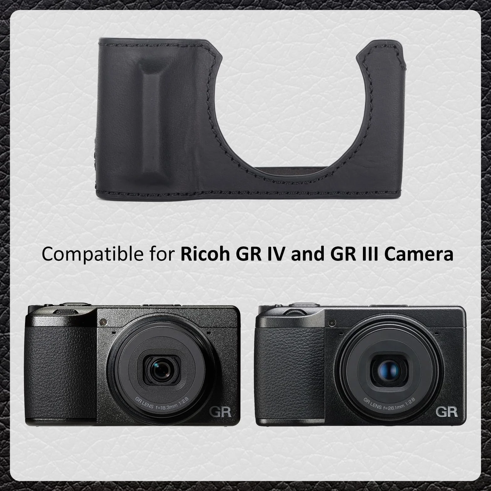 MUZIRI KENOKOO Półetui na aparat Ricoh GR IV GR III, etui ochronne premium z prawdziwej skóry, kompatybilne z aparatem cyfrowym GR IV/GR III, z otworem na spodzie i uchwytem, czarny, Retro