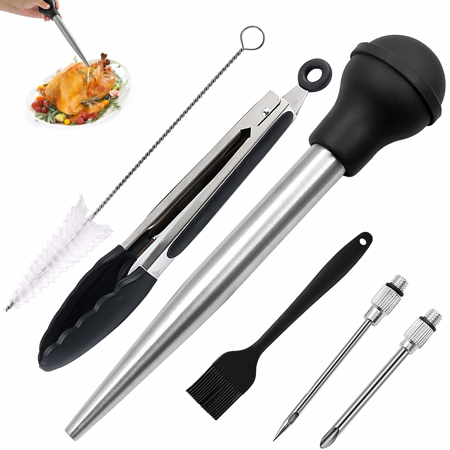 Seringue Alimentaire Poire à Sauce en Acier Inoxydable 304, Pipette INOX avec Clips Alimentaires