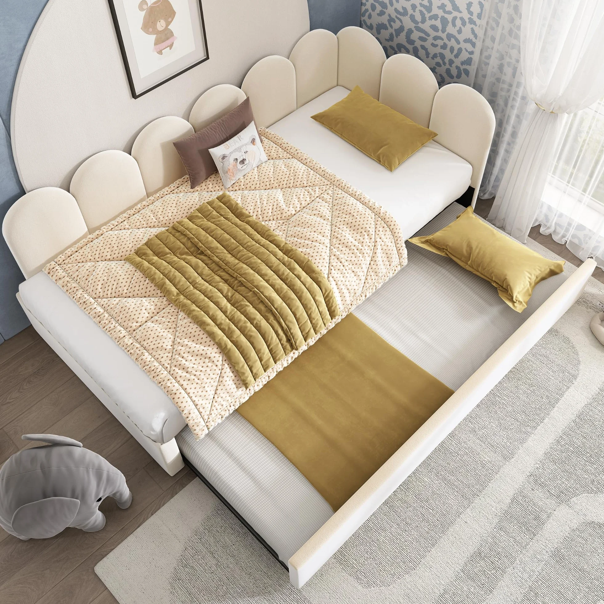 Zepneiy Lit 90x200 avec lit gigogne 90x190, Canapé lit avec parois latérales interchangeables, avec sommier à Lattes,Velours Beige (sans Matelas)
