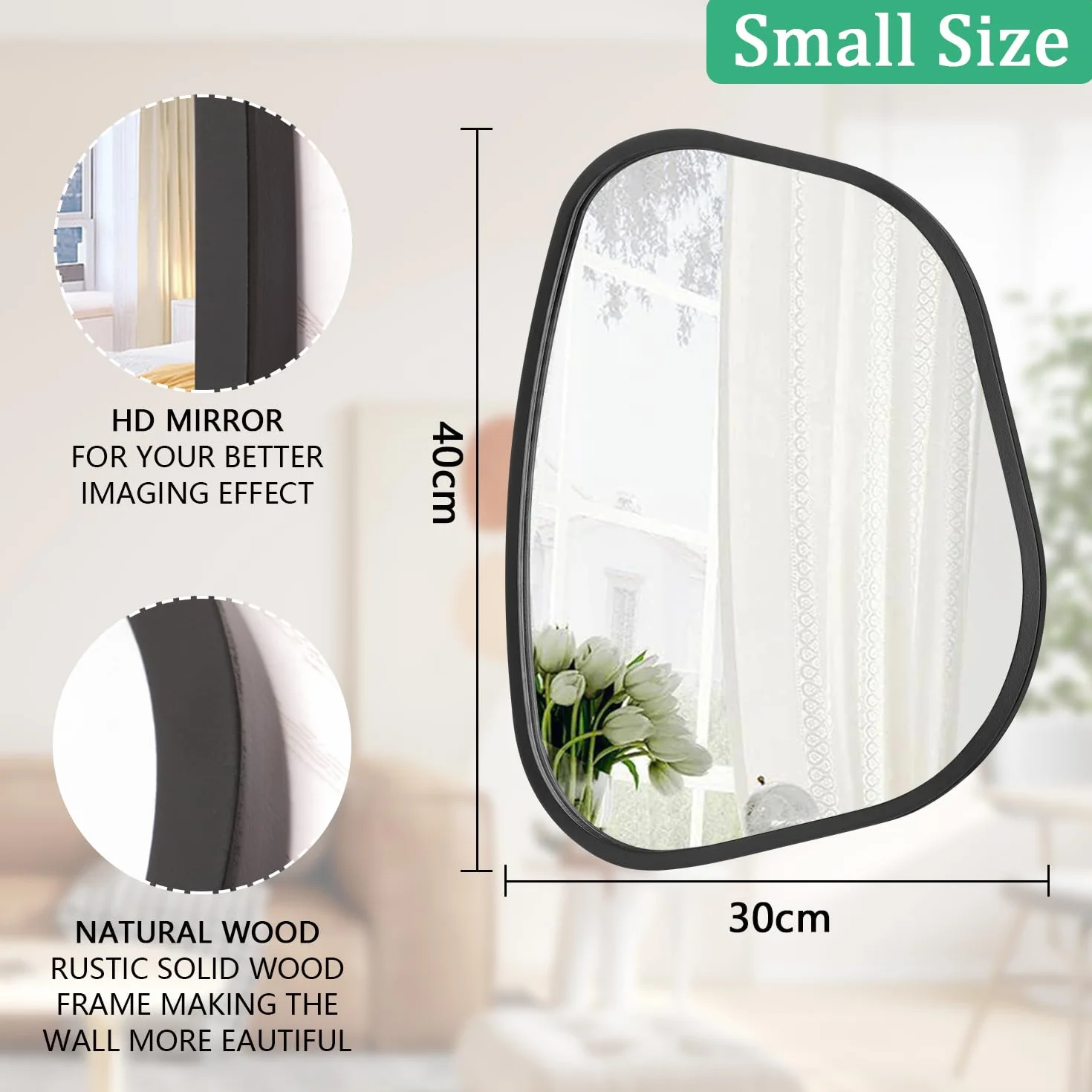 Miroir asymétrique noir mural ovale irrégulier cadre en bois moderne décoratif salon chambre salle de bain