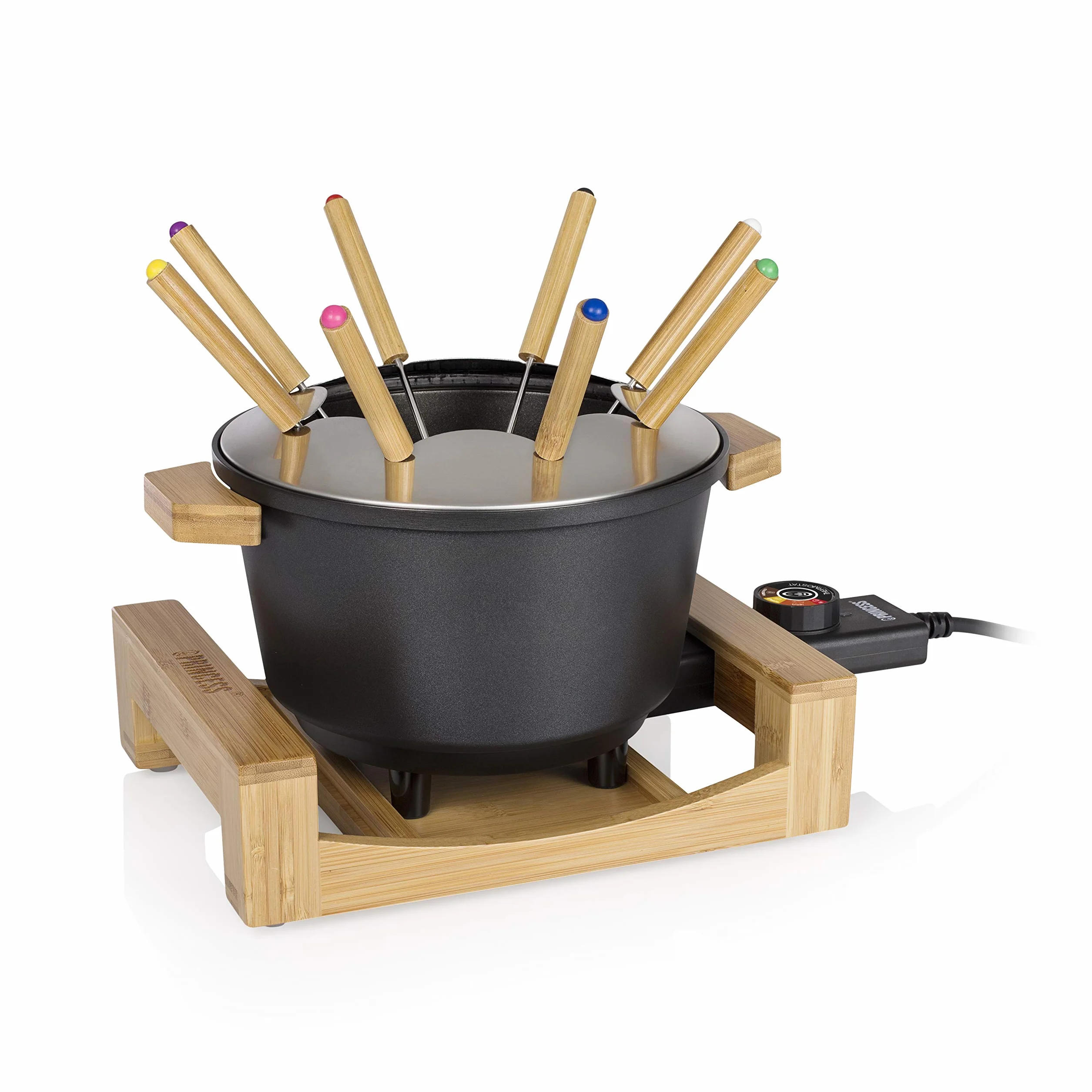 Princess Service à fondue 1,5 L pour 8 personnes – Design en bambou, caquelon antiadhésif, thermostat réglable, 8 fourchettes incluses, polyvalent, facile à nettoyer
