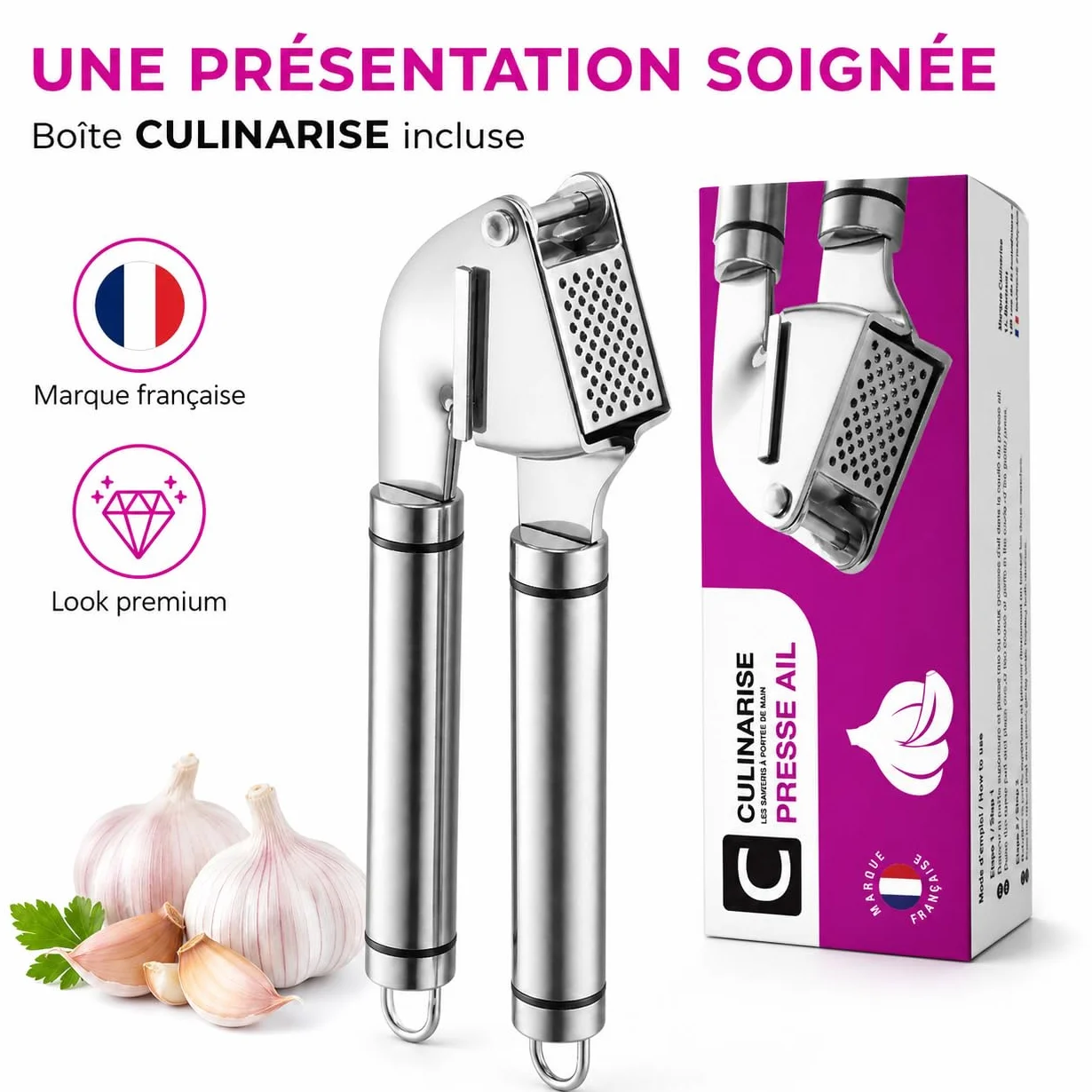 Presse Ail Inox 304 CULINARISE Professionnel Grande Cavité 1-2 Gousses Manuel