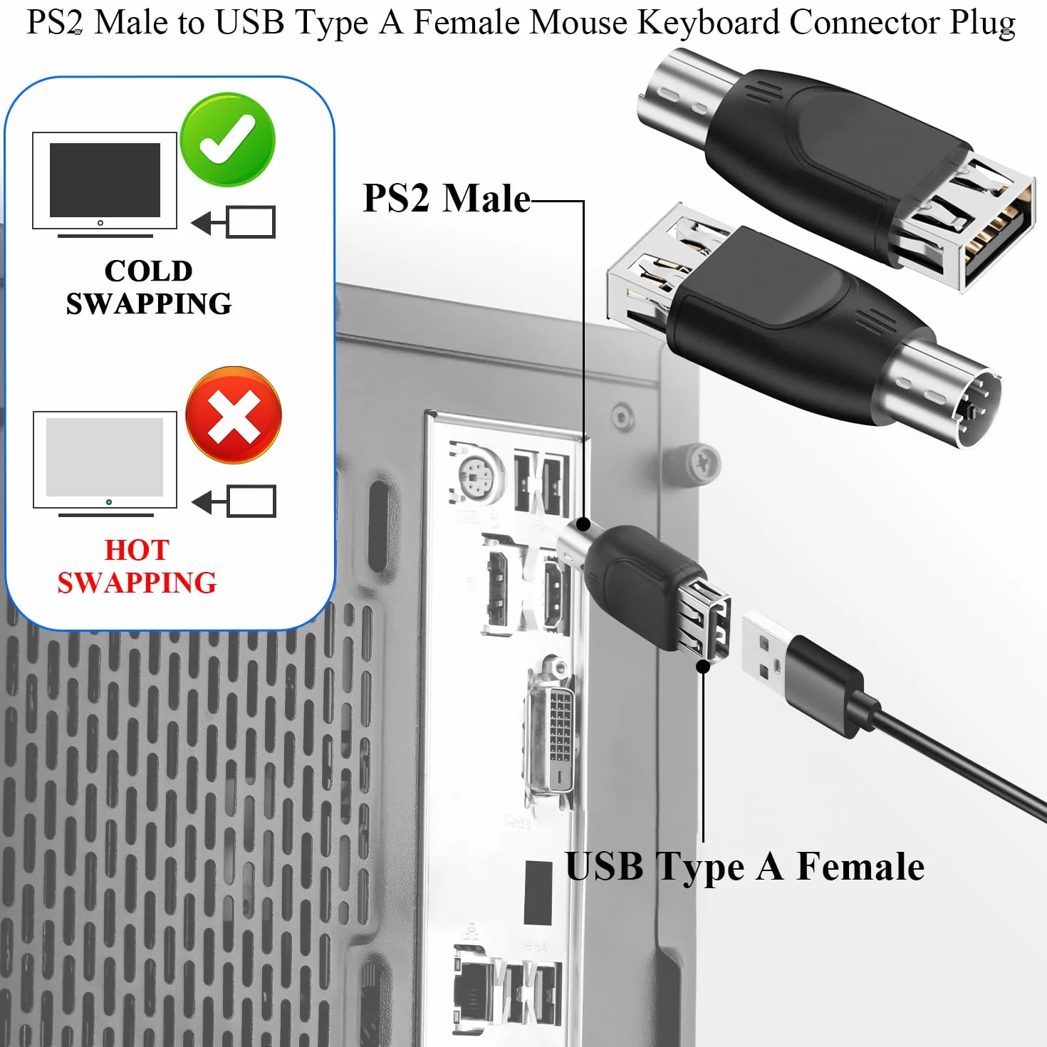 Adaptateur PS/2 vers USB A Femelle Convertisseur PS2 Mâle vers Type A Socket Connecteur 2 Pcs