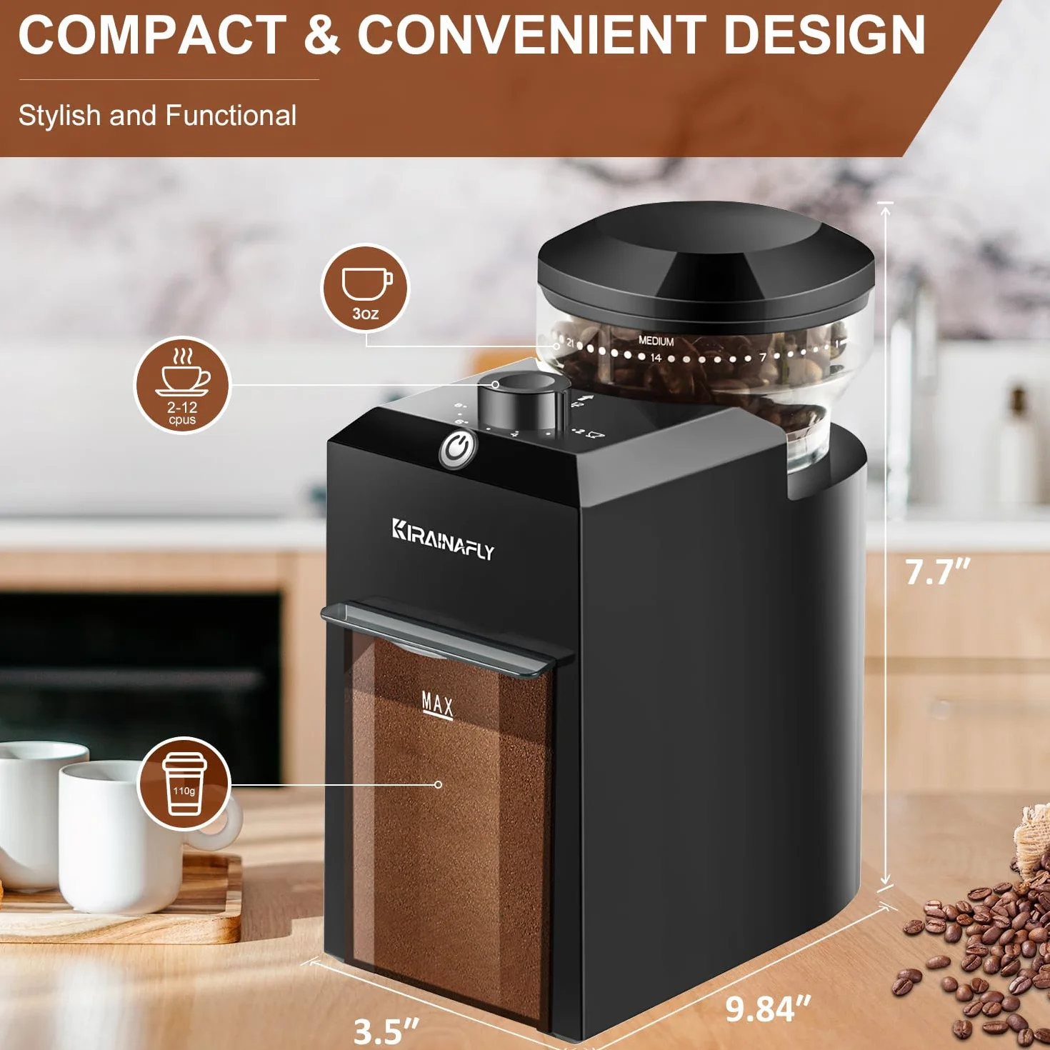 Moulin à café électrique, KIRAINAFLY moulin à café ajustable avec 28 réglages de mouture précis pour le French press, le café goutte à goutte et l'espresso, 12 tasses (Noir)