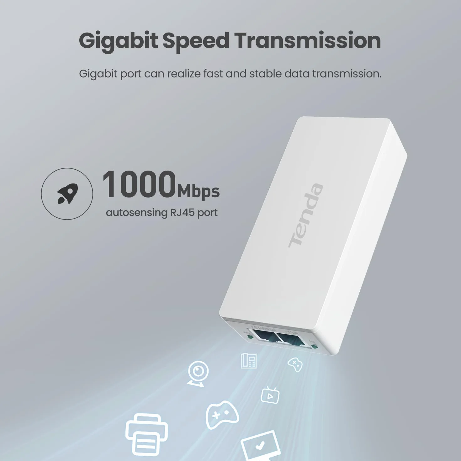 Tenda Gigabitowy Injector PoE, Injector PoE+ IEEE 802.3af/at, Do 30 W, Zasięg do 100 m, Plug & Play, Biały (PoE30G-AT)
