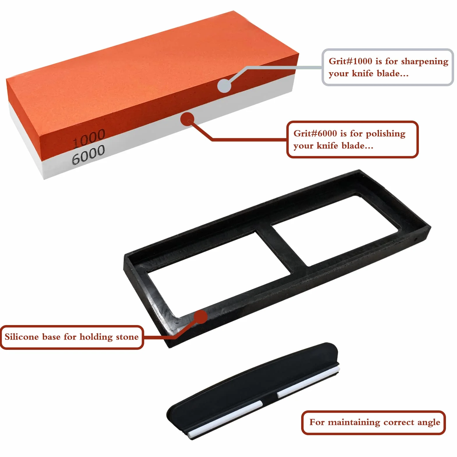 Pierre à Aiguiser 2 en 1 Professionnel Aiguiseur de Couteau 1000/6000 avec Base Silicone Antidérapant Guide d'Angle