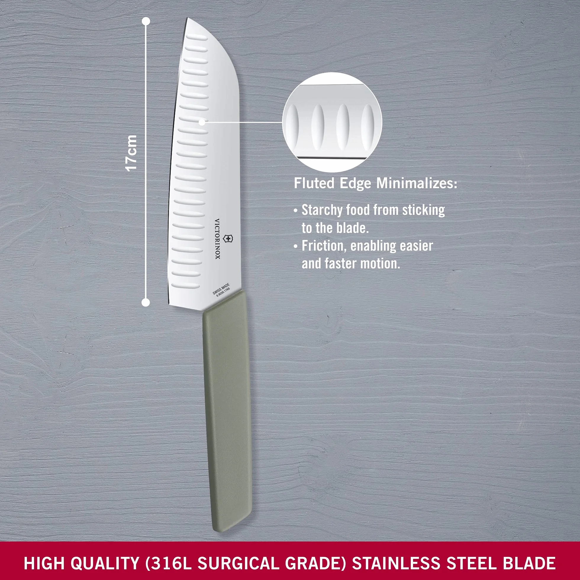 Victorinox Swiss Modern, Couteau Santoku professionnel, Lame extra-tranchante, lame alvéolée, 17 cm, Manche plastique, Acier inoxydable, vert olive