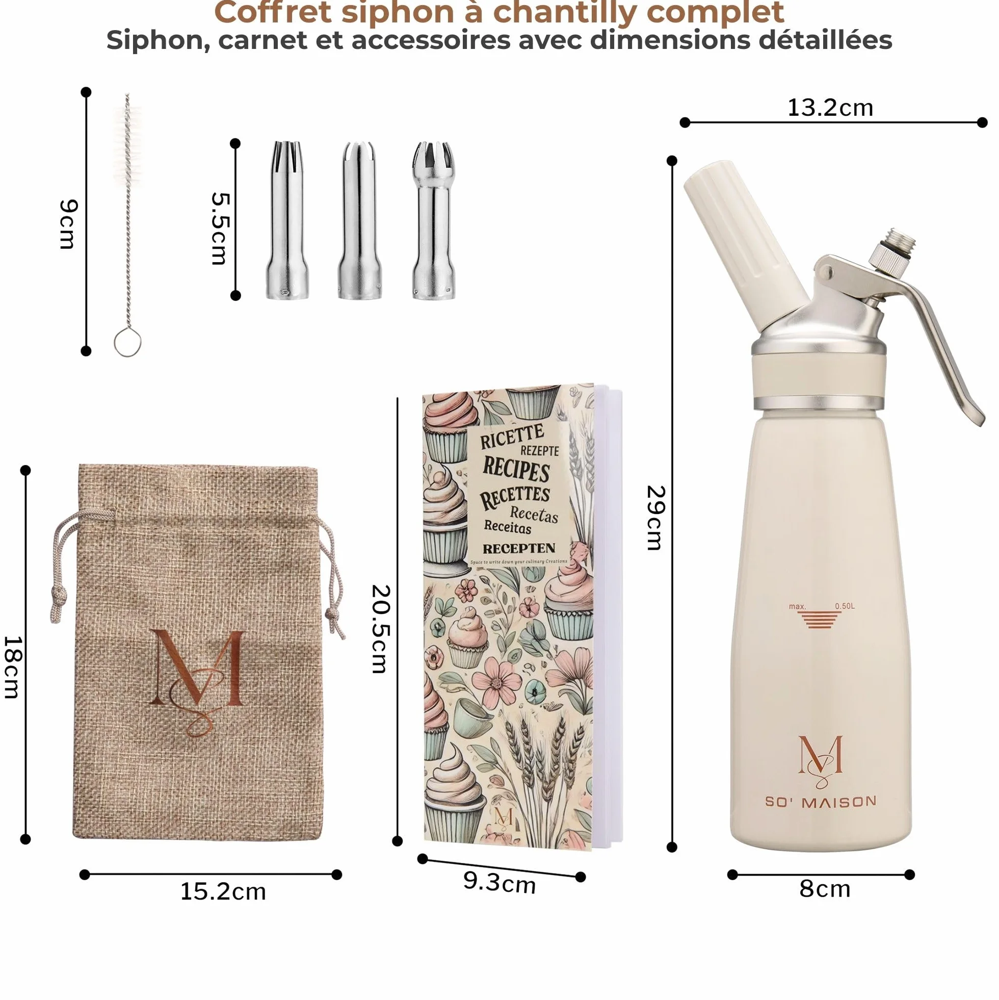 SO'MAISON Siphon Chantilly 500ml Aluminium Crème Vintage Cahier de Recettes Matériel de Pâtisserie Professionnel
