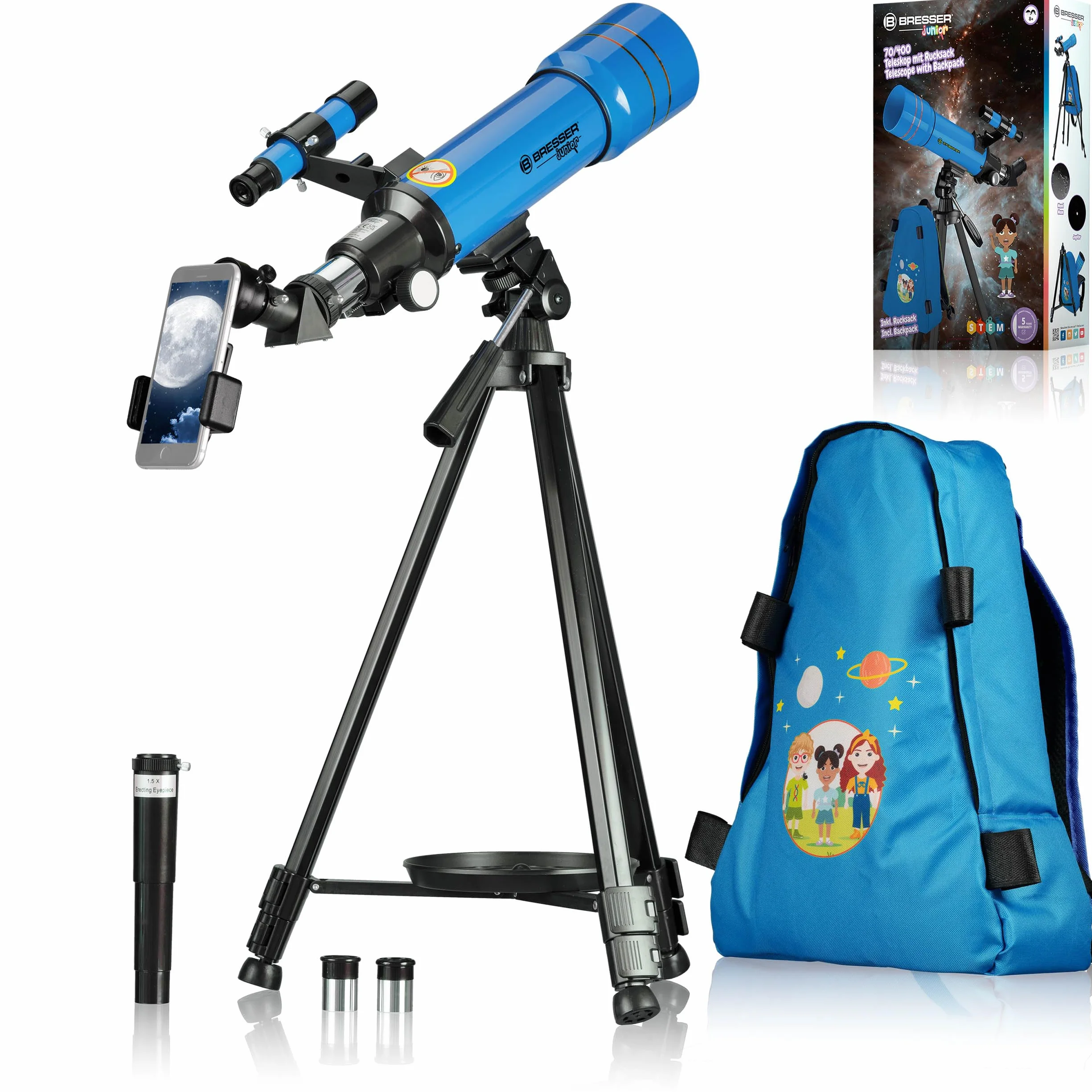 Bresser Junior teleskop dziecięcy 70/400 dla dzieci od 8 lat, astronomia, dla początkujących, teleskop z plecakiem, akcesoriami i uchwytem na smartfon, obserwacja nocnego nieba, niebieski