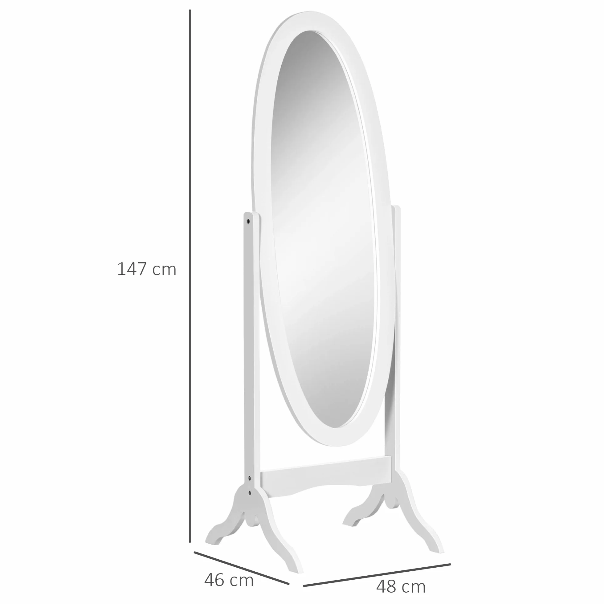 HOMCOM Miroir à Pied Ovale Style Shabby Chic Inclinable 48x46x147 cm MDF Blanc