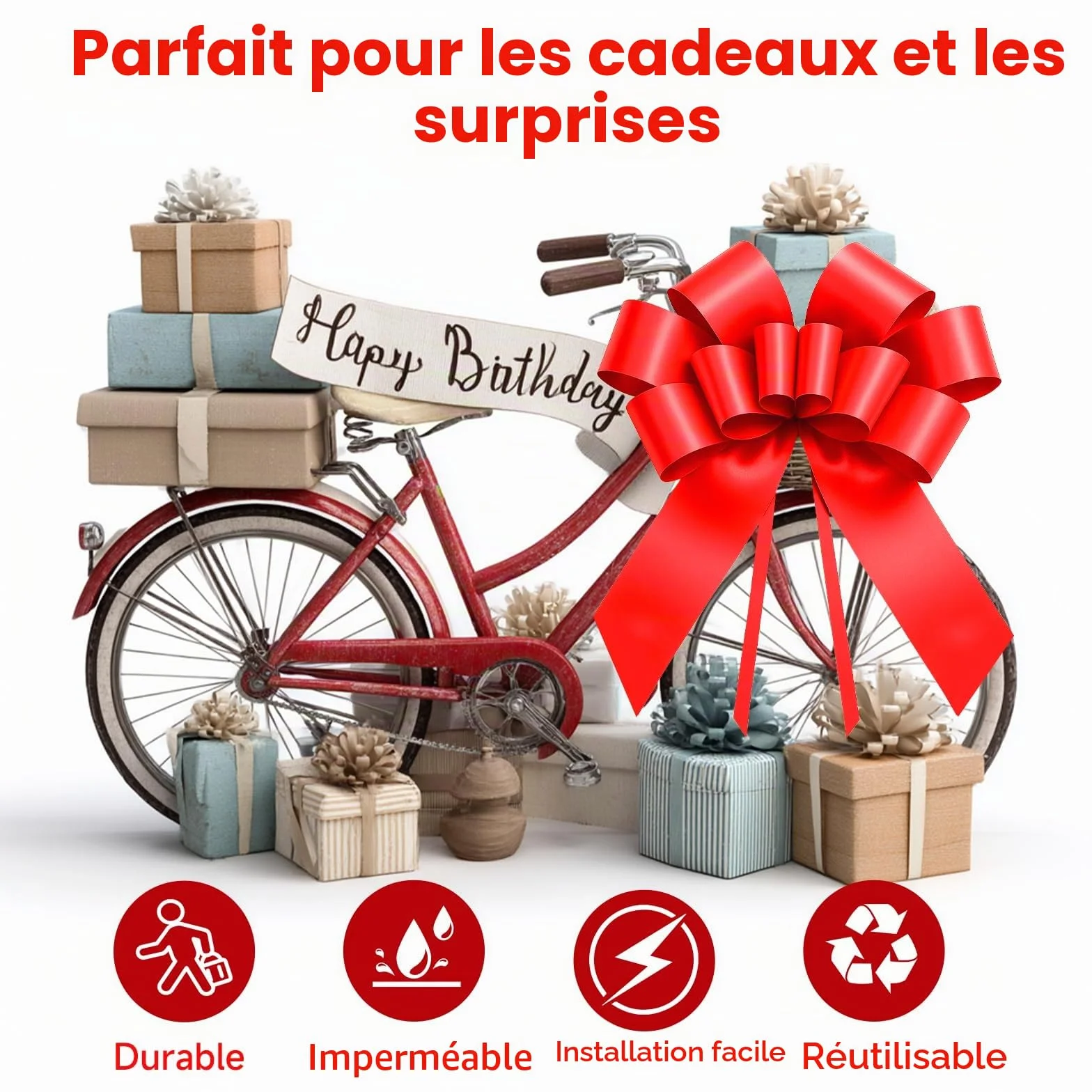 Grand nœud de Voiture Rouge 58 cm avec 2 Ventouses pour Mariage Noël