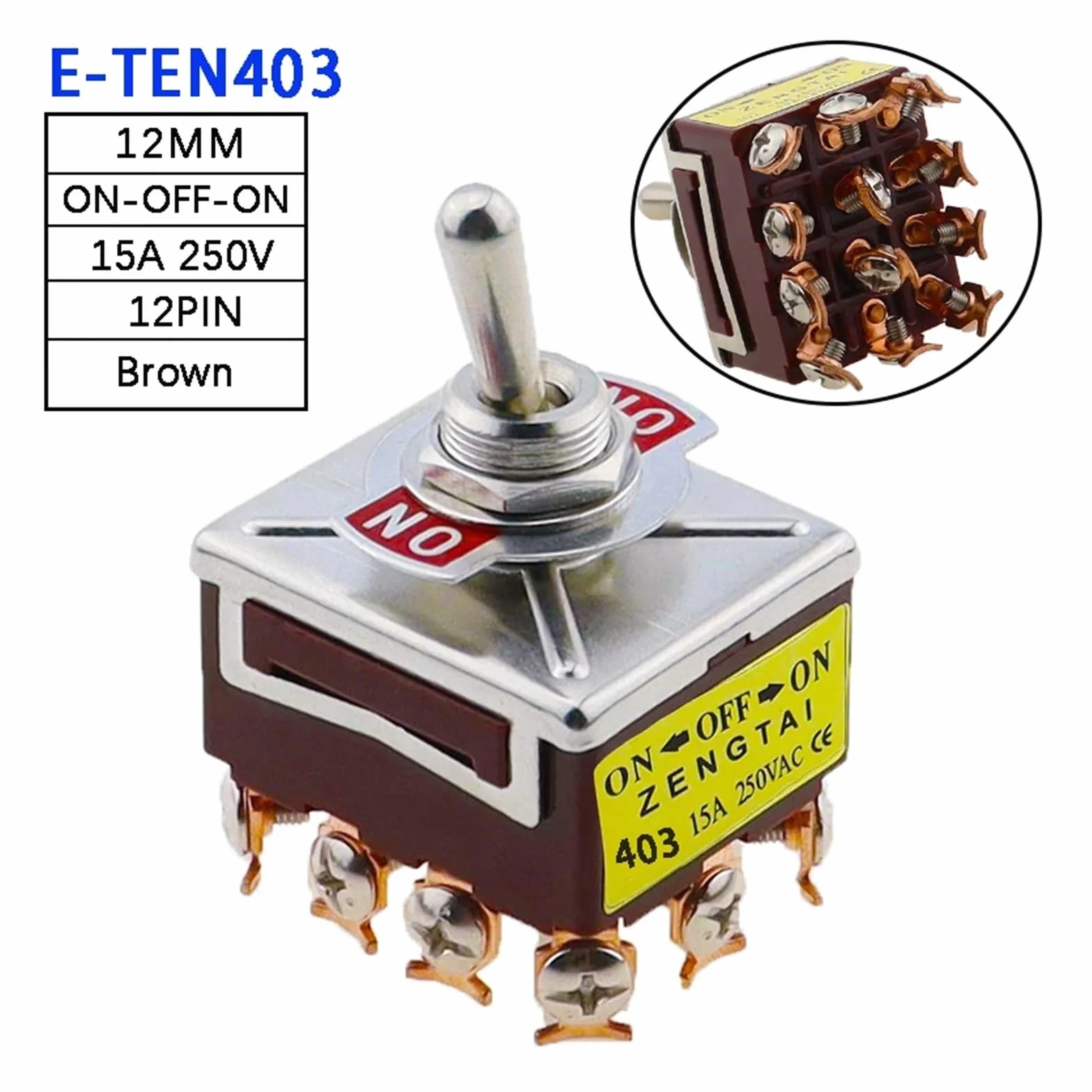 złącza 1 szt. E-TEN 403 wysokiej klasy przełącznik kołyskowy 12Pin ON-OFF-ON srebrny styk miedziany Pin 12mm 250V 15A przełącznik kołyskowy(E-TEN 403 ON-OFF-ON)