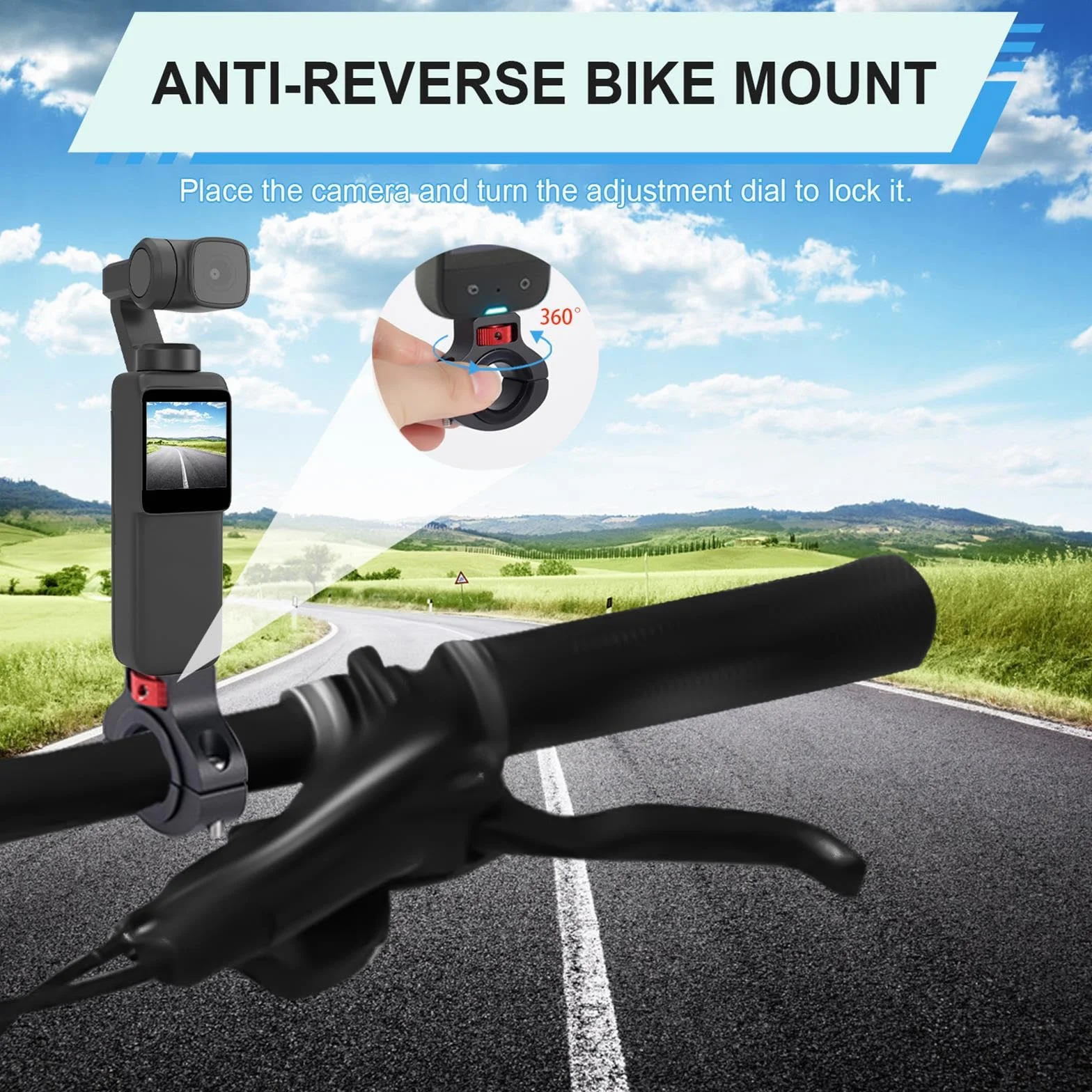 Rower Uchwyt Kamery Motocyklowej, Obrotowy o 360 Stopni Zabezpieczenie Przed Cofaniem Zaciskowy Rowerowy Uchwyt na Kierownice Wspornik do GoPro Insta360 DJI Osmo i Fill Light (22-32mm)