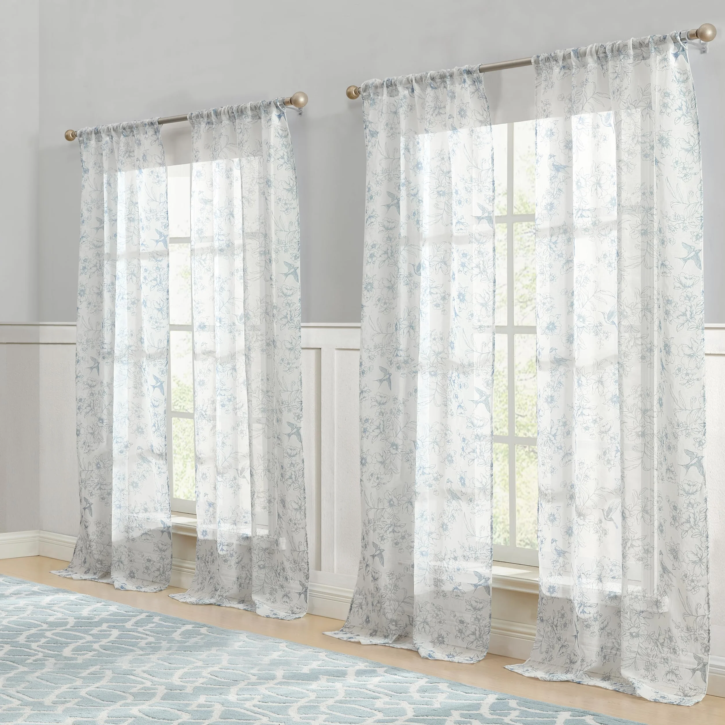 Laura Ashley Barnette Lot de 4 Rideaux Passe-Tringle 243,8 cm Semi-Transparent Bleu