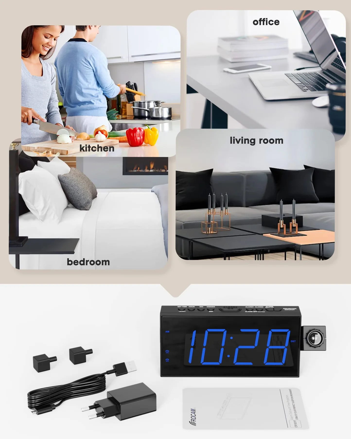ROCAM Réveil Projecteur Plafond, Horloge Projection, Grand Écran, 5 Niveaux Luminosité Réglable, Snooze, DST
