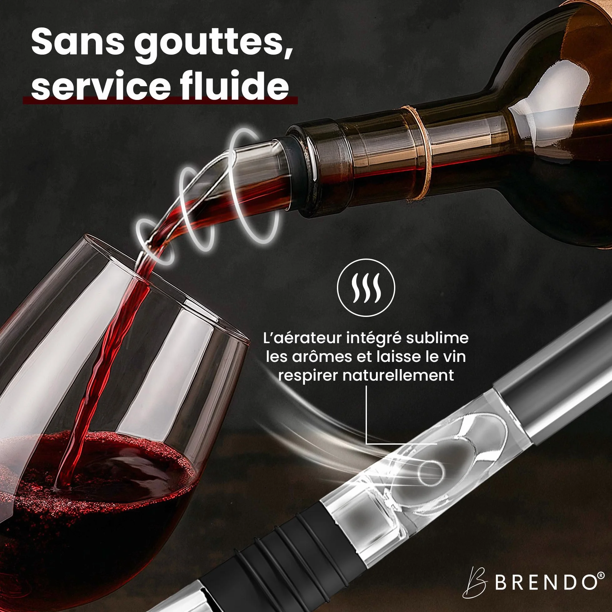Brendo Rafraîchisseur de Vin 4-en-1 Tige de Refroidissement en Acier Inoxydable 2 Longueurs + Bec Verseur + Décanteur + Bouchon