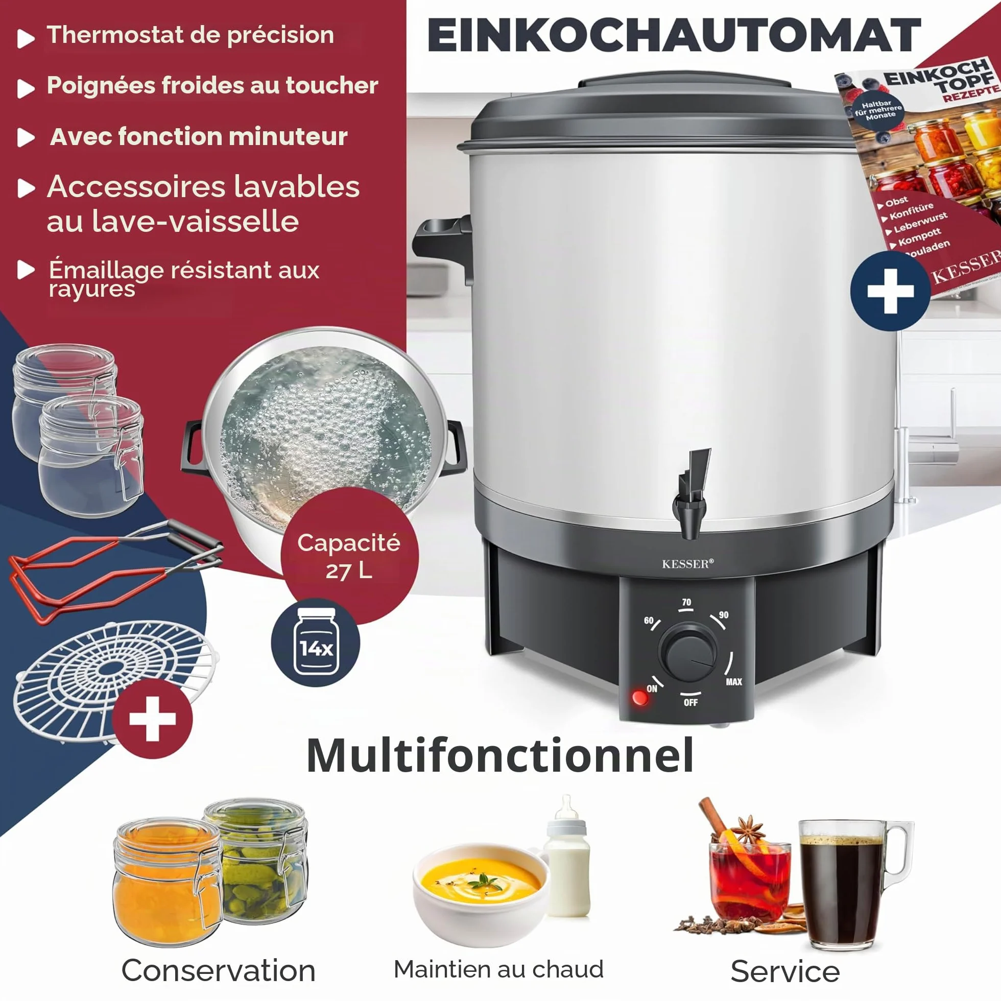 Autocuiseur KESSER 27 litres, acier inoxydable | 1800 watts | Température de 30 à 100 °C | Fonctionnement continu | Arrêt automatique Autocuiseur automatique blanc