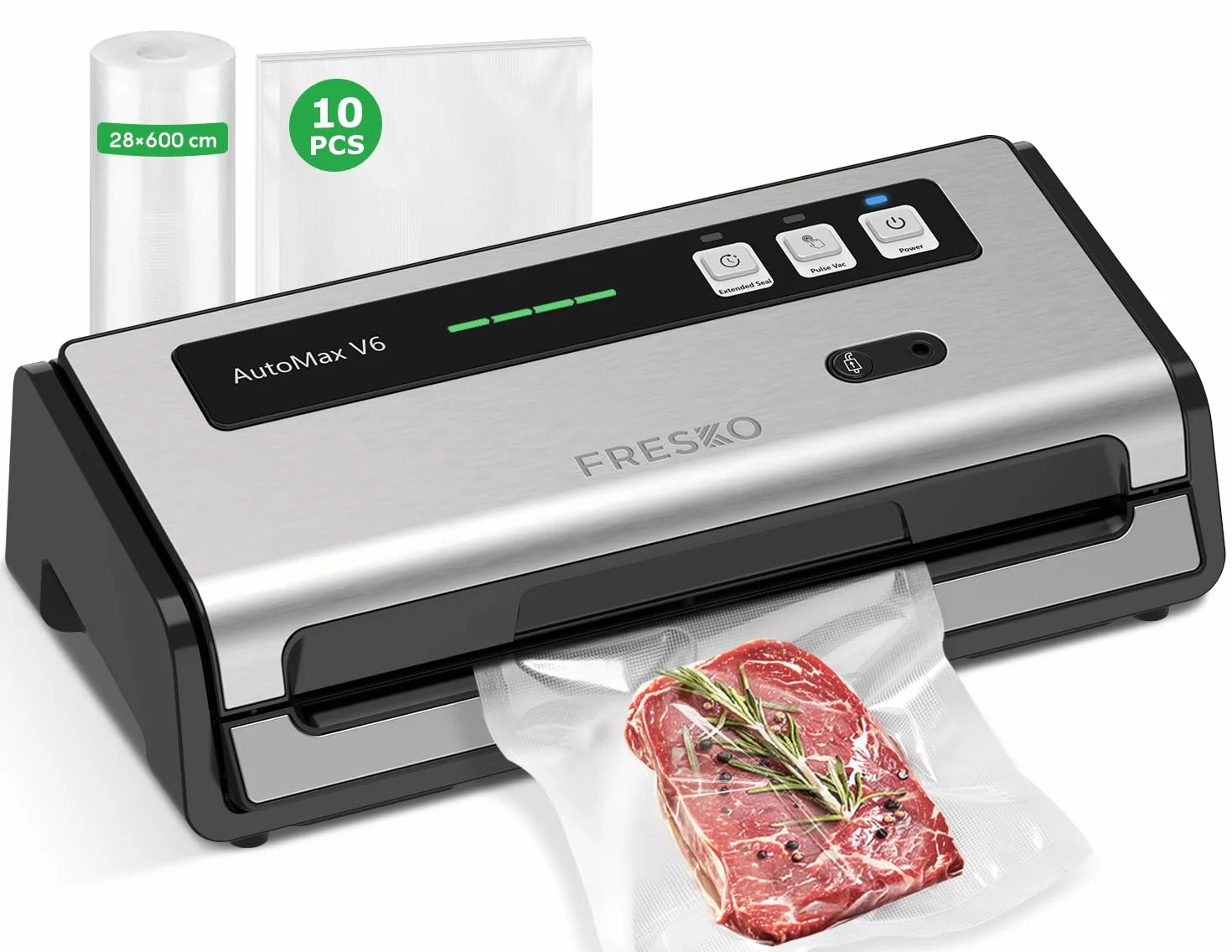 FRESKO Machine Sous Vide Alimentaire Automatique, Bandes chauffantes élargies, Coupe-sac Intégré et Rangement des Sacs, Mode Humide et Sec, Utilisation à une Main (Automax V6)