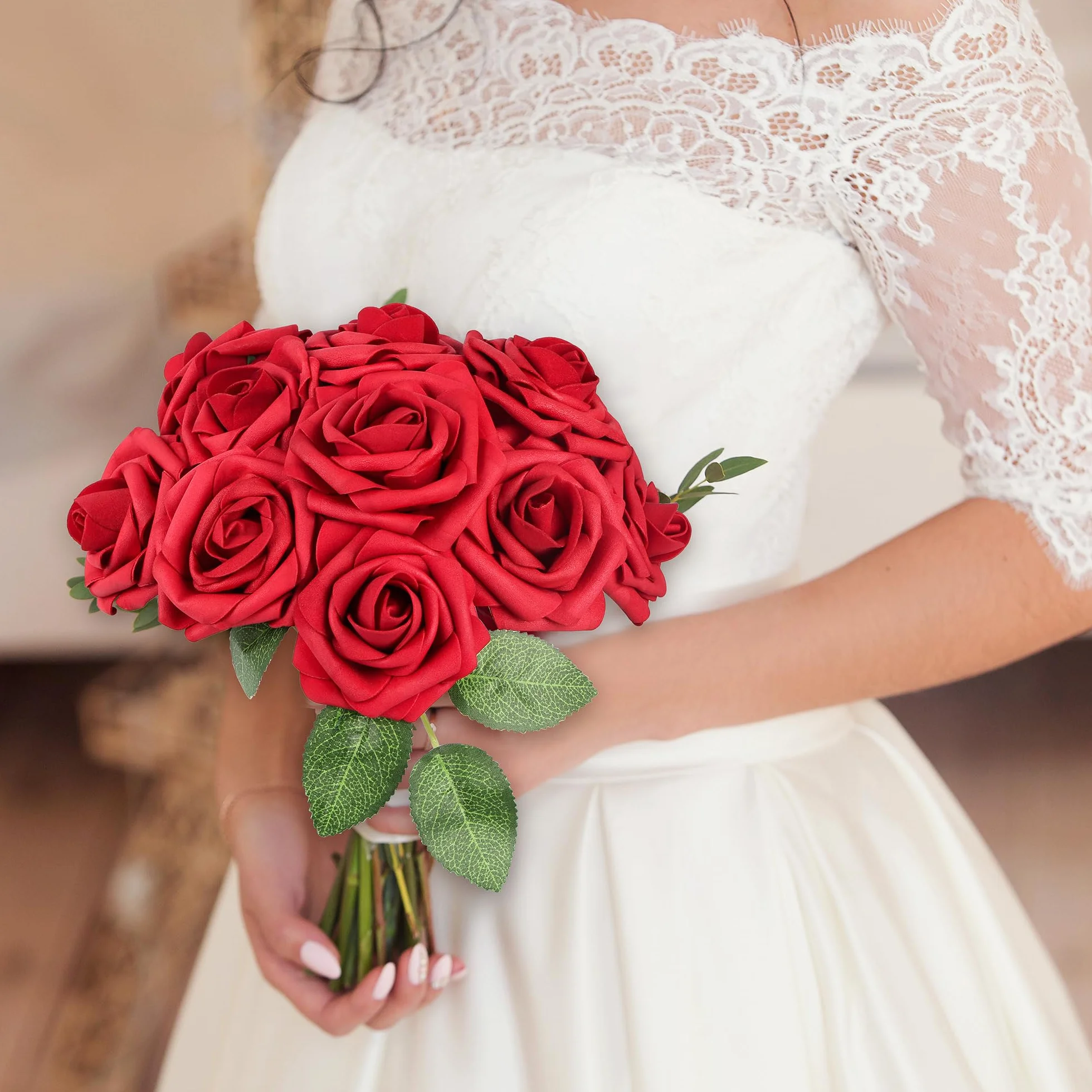 Mocoosy 50Pcs Rouges Roses Fleurs Artificielles, Faux Roses Latex Rouge Foncé avec Tige pour Mariage Bouquets Décorations