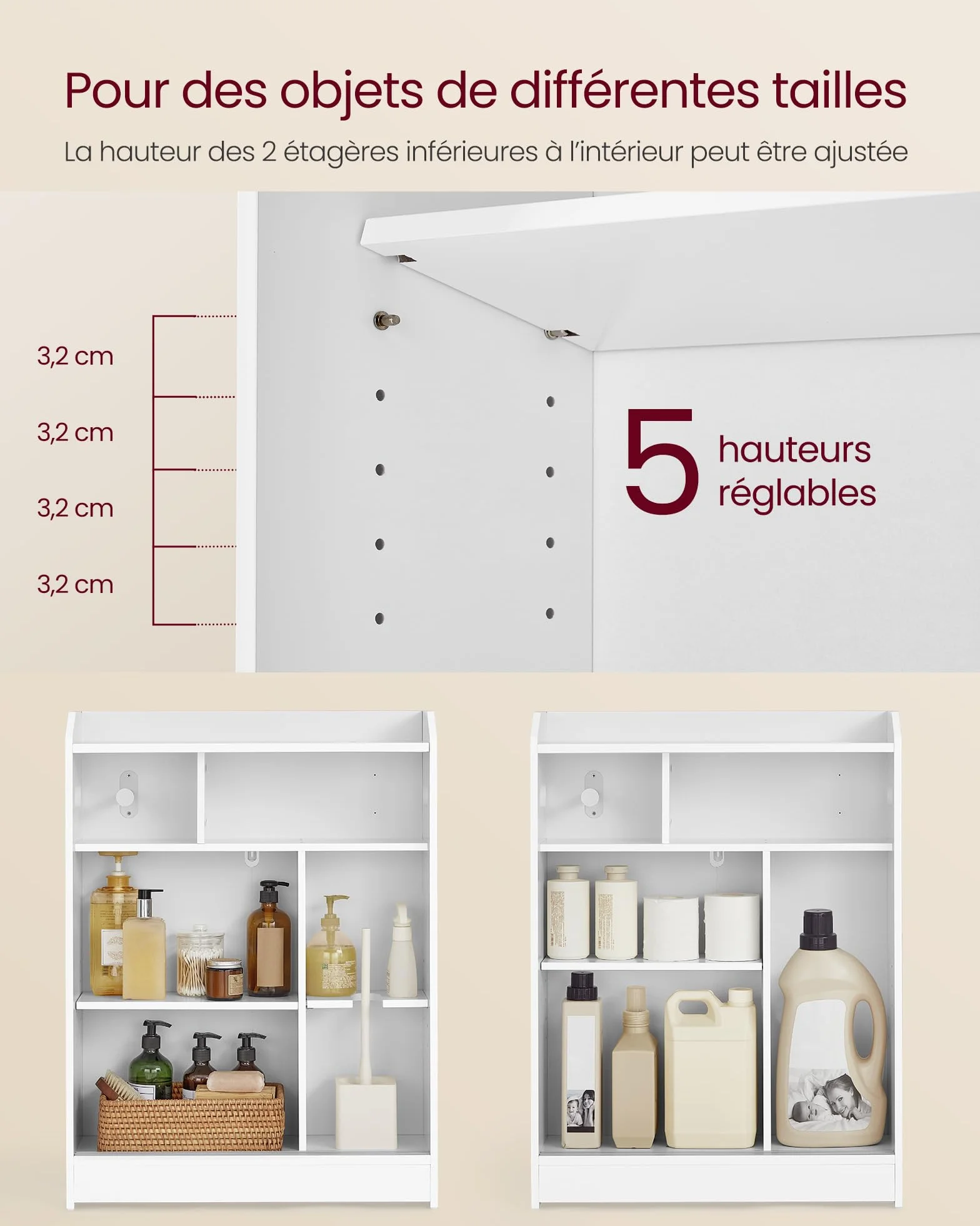 VASAGLE Meuble WC, Meuble Toilette, pour Salle de Bain, Rangement Papier Toilette, pour Brosse WC, Portes Coulissantes, Étagères Réglables, à Côté des WC, 20 x 60 x 80 cm, Blanc Nuage BBC752W01