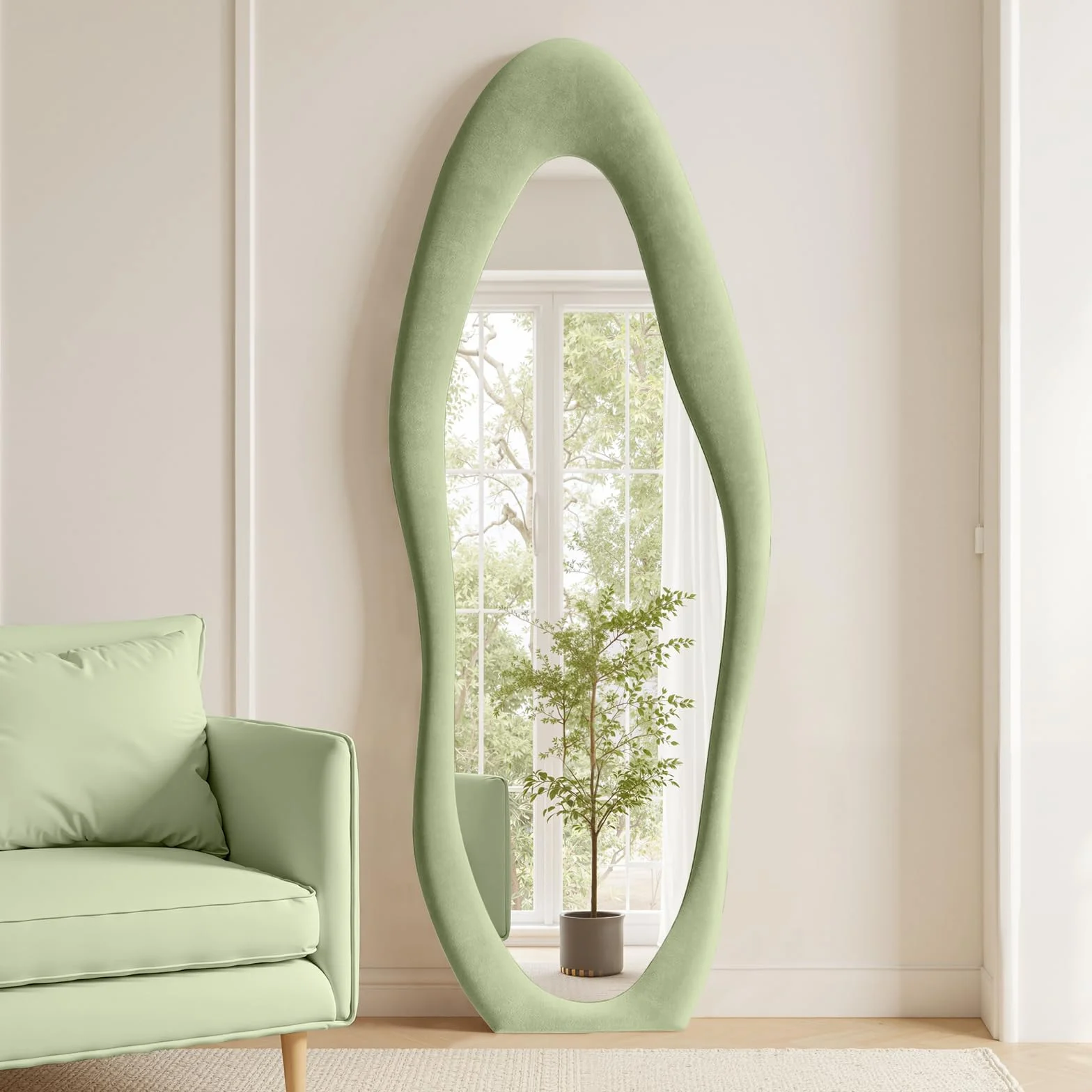 Miroir ondulé irrégulier 160 x 60 cm pleine longueur avec cadre en bois recouvert de flanelle à suspendre