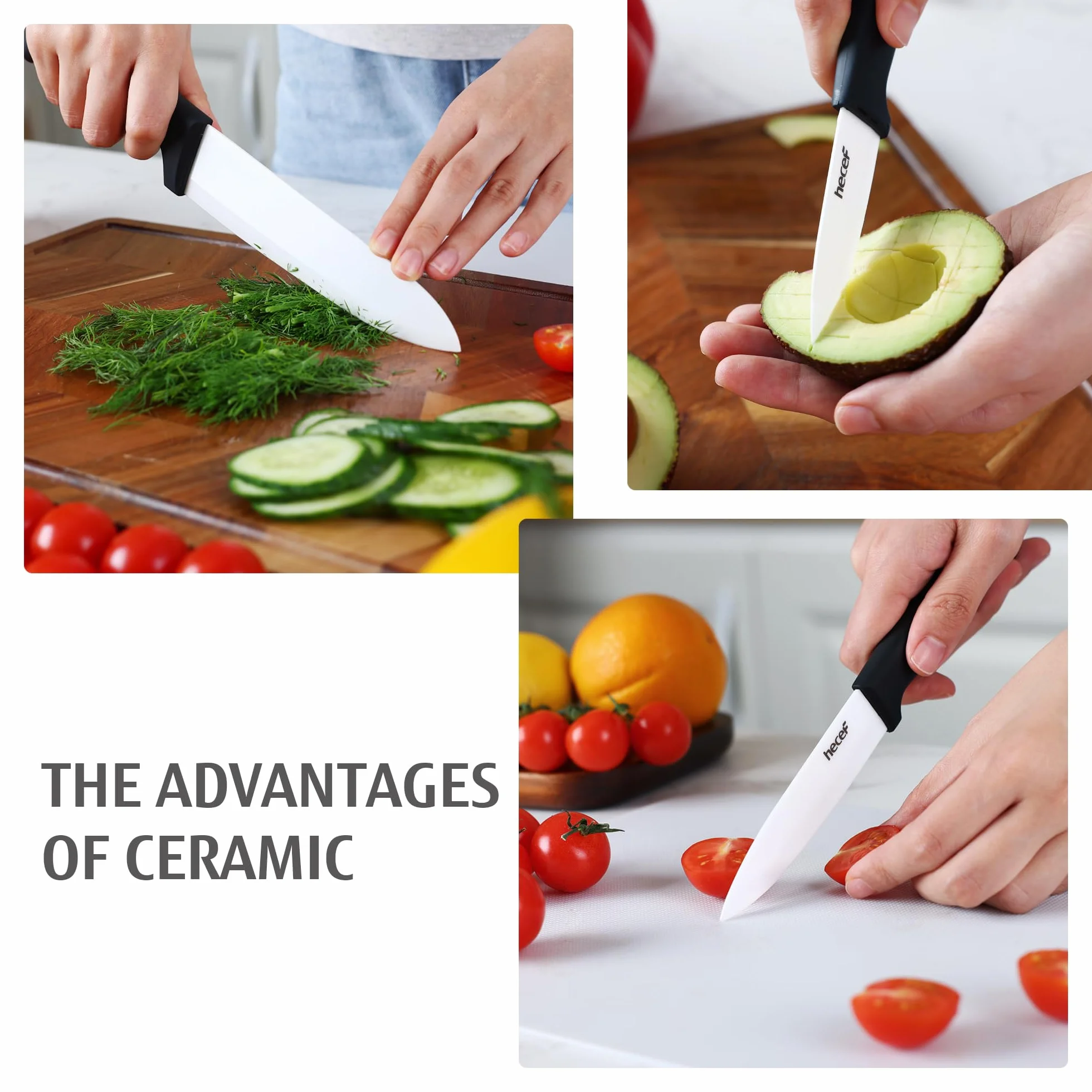 Couteau Céramique Cuisine 3 Pièces Set, 6" Chef, 4" Fruits, 3" Office Blanc