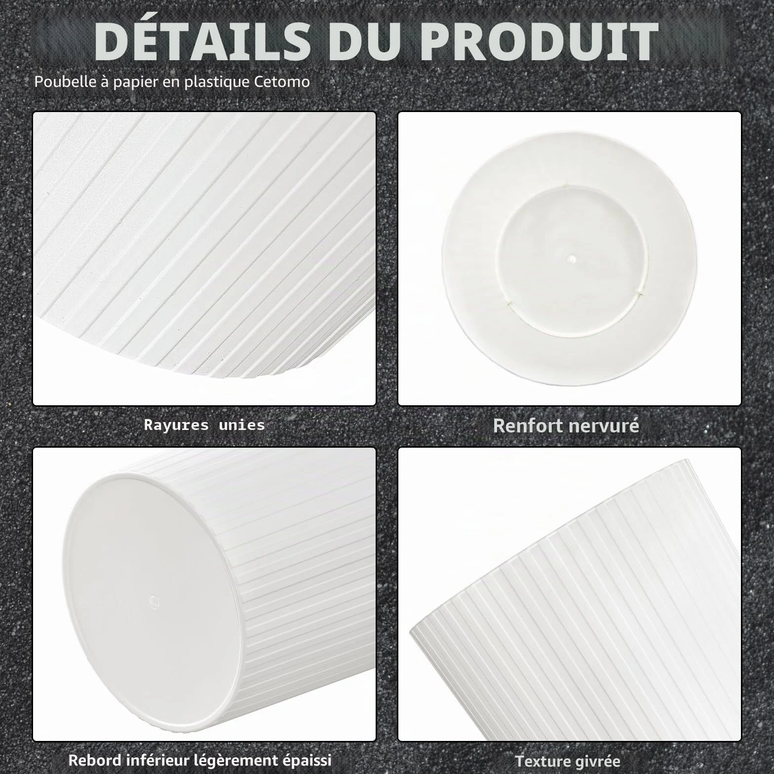 Cetomo Corbeille à Papiers Poubelle en Plastique à Rayures Ronde 7.2L 3 Pièces Empilable Sans BPA Blanc