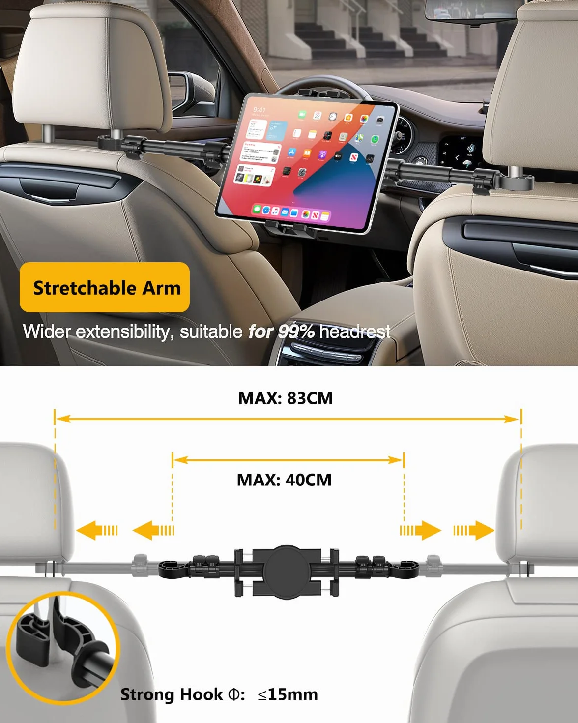 Uchwyt na tablet na zagłówek samochodowy [rozciągliwy 3-stopniowy regulowany] Tylne siedzenie Uchwyt na tablet dla dzieci, między siedzeniami stojak na Switch, Kindle, iPad Pro Air Mini, Galaxy