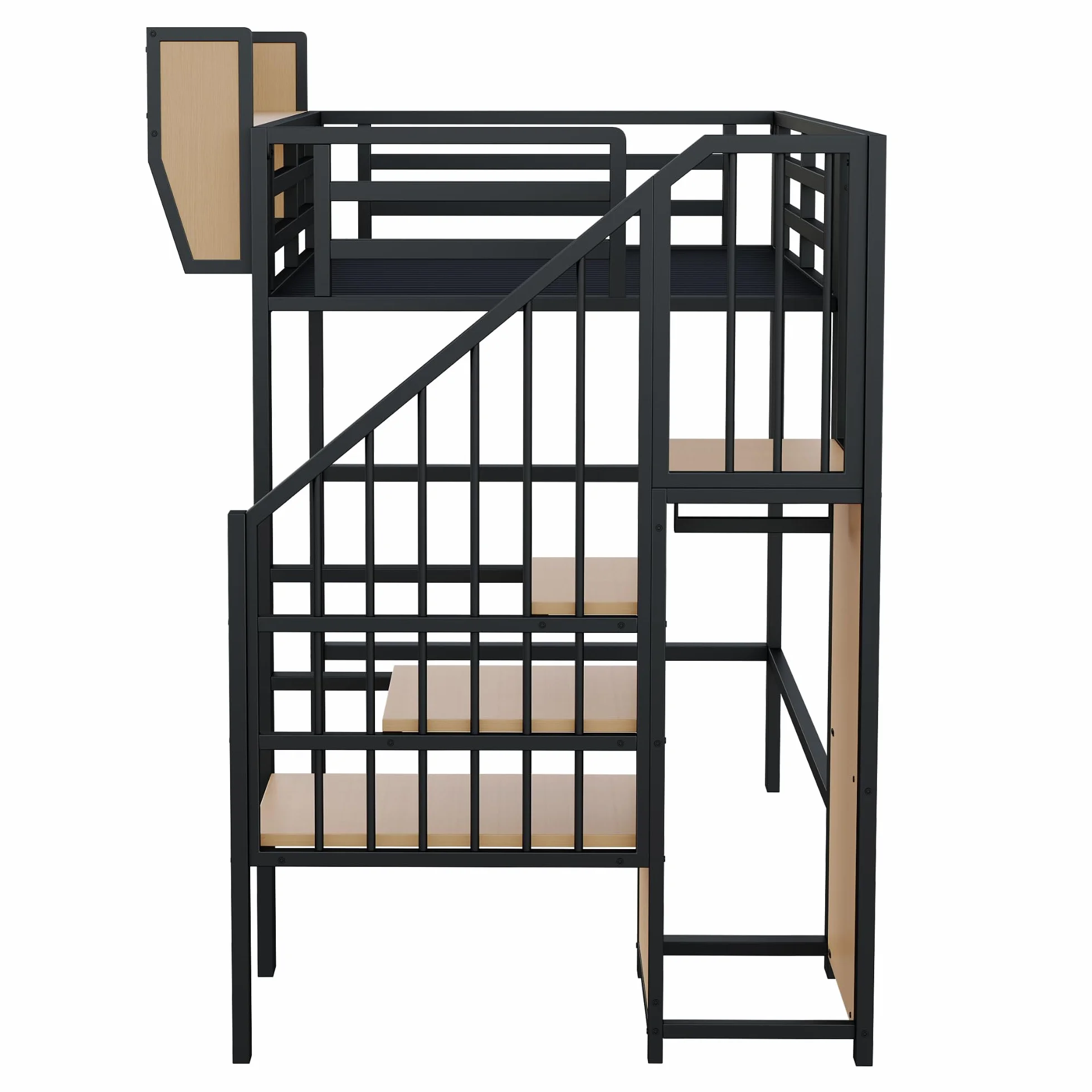 Merax Lit Mezzanine 90x200 cm en métal, avec échelle sécurisée, étagère de Rangement Amovible, lit surélevé Adulte/Enfant, Noir (sans Matelas)