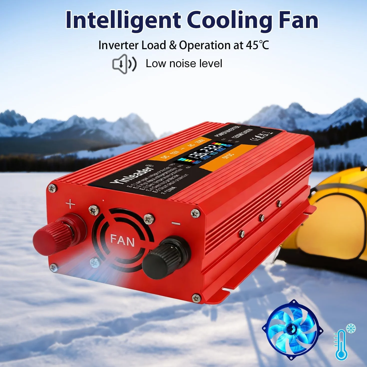 Yinleader Przetwornica napięcia 1200 W/2400 W 12 V 230 V falownik Dual USB Power Inverter z 1 gniazdem i wyświetlaczem LCD, do samochodu, czerwony