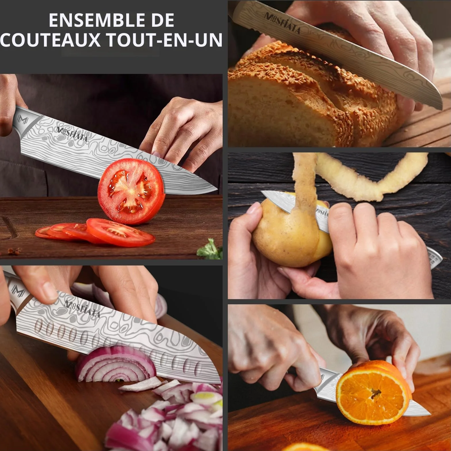 MOSFiATA Lot de 12 Couteaux de Cuisine en Acier Inoxydable Pour l'extérieur avec étui, Couteaux de Chef Tranchants, Protège-Doigts, Douilles de Sabre de Couteau, Baguette à Aiguiser, sac de Transport