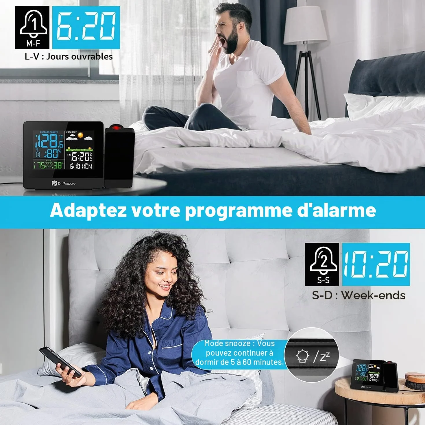 DR.PREPARE Réveil à Projection avec Station Météo et Capteur Extérieur