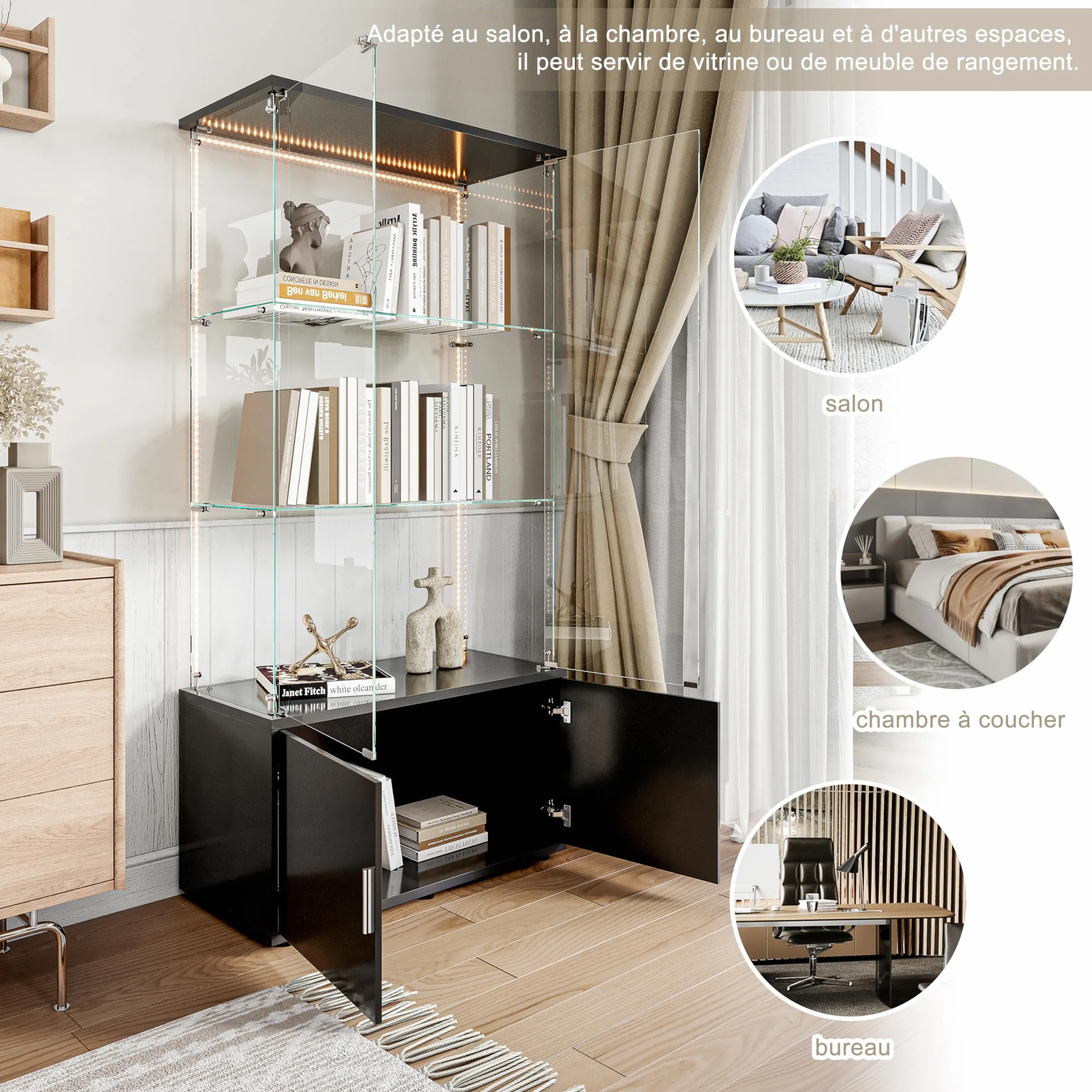 Vitrine en Verre avec 3 étagères et LED, Vitrine en verre sur pied avec 2 Portes et Base de Casier, Meuble Vitrine Verre pour Collection, pour Salon, Chambre, 78.5x35x164 cm (Noir + Bande LED)