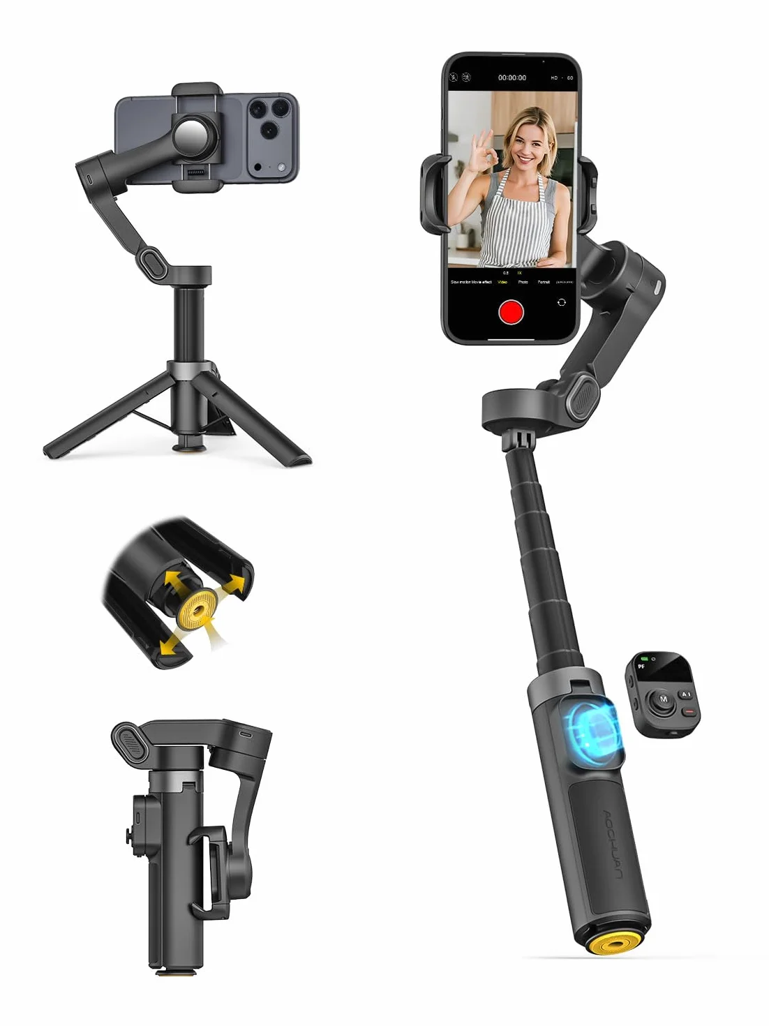 AOCHUAN 3-osiowy stabilizator gimbala do iPhone'a ze śledzeniem twarzy 360°, gimbal do smartfona z otwartym statywem jednym dotknięciem, sterowanie gestami, stabilizator telefonu z magnetycznym