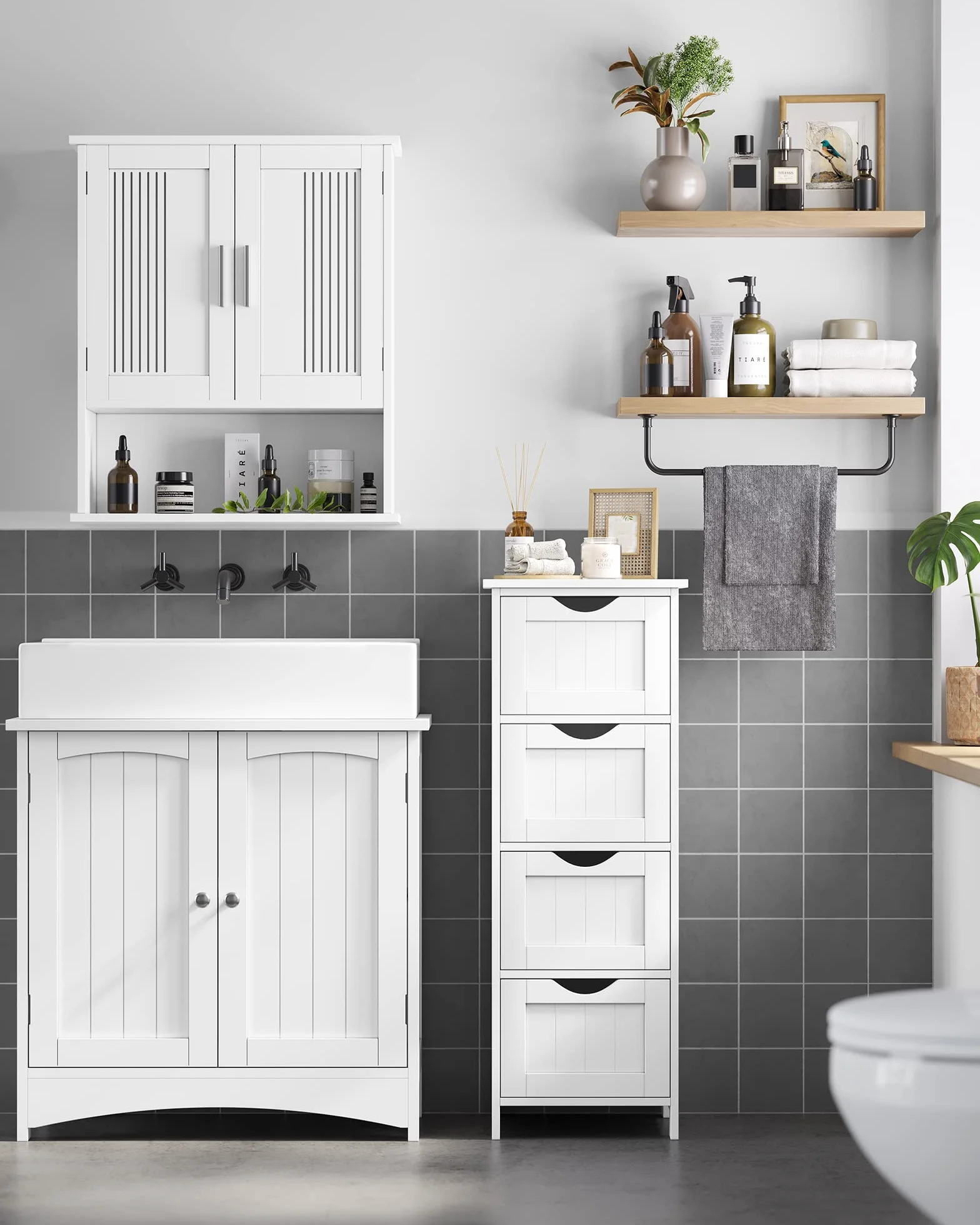 VASAGLE Meuble de Salle de Bain, Armoire sur Pied, avec 4 Tiroirs, 30 x 30 x 82 cm, pour Salon, Salle à Manger, Cuisine, Style Moderne, Blanc LHC40W