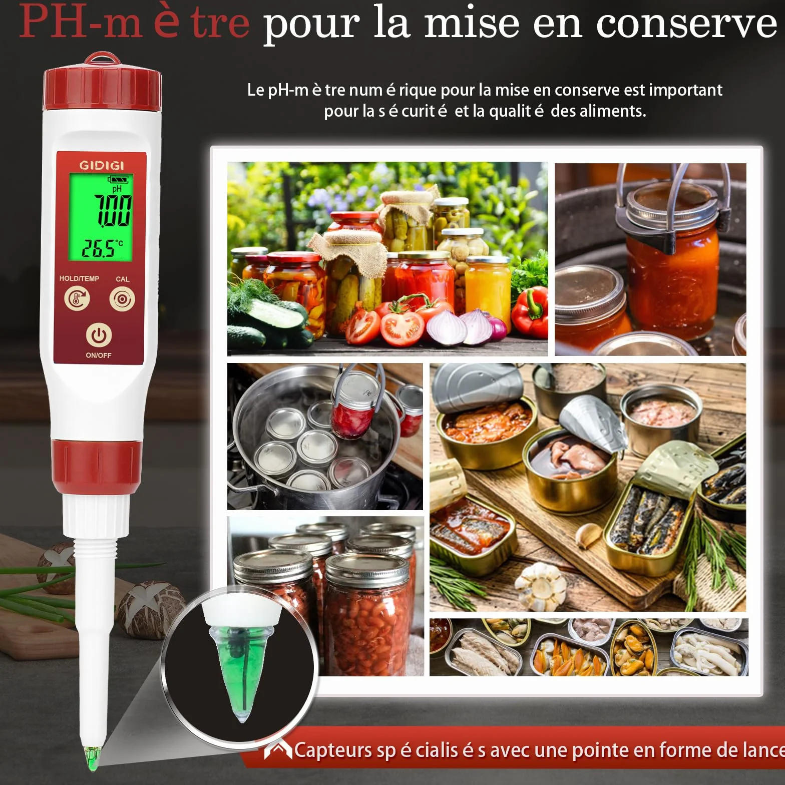 pH Mètre Aliments, pH-Mètre Numérique Pour Fermentation, Sauce Piquante, conservé, Sonde de Test de pH Alimentaire à Pointe de Lance Pour Fromage, Sourdough, Salive,Viande，solide，Semi-solide
