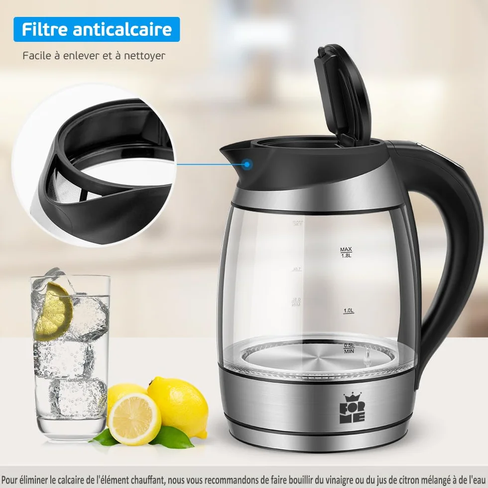 FOR ME Bouilloire Électrique en Verre 1.8L, Contrôle de la Température, Maintien au Chaud, Sans BPA