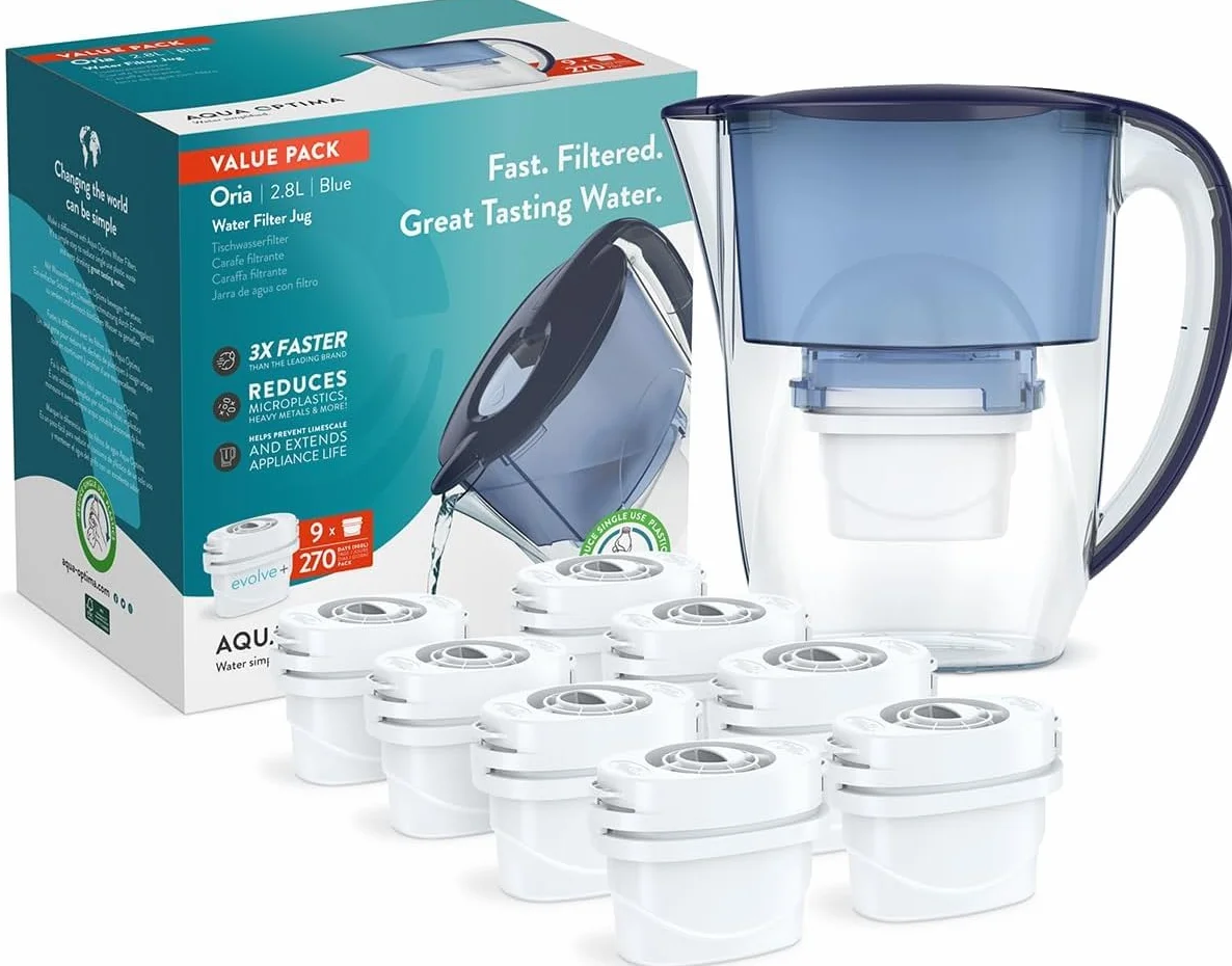 Aqua Optima Oria Carafe Filtrante et 9 Cartouches Filtrantes Evolve+ 30 Jours, Capacité 2,8 litres, Pour la Réduction des Microplastiques, du Chlore, du Calcaire et des Impuretés, Bleu, One Size