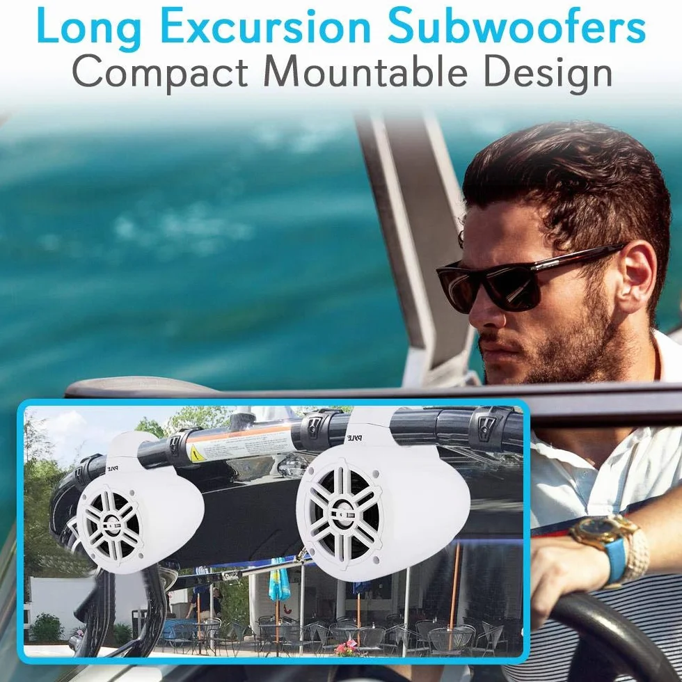Waterproof Marine Wakeboard Tower Speakers - 4 Inch Dual Subwoofer Speaker Set with 300 Max Power Output - Boat Audio System Kit w/Titanium Dome Tweeters & Mounting Clamps - Pyle PLMRWB45W (White)