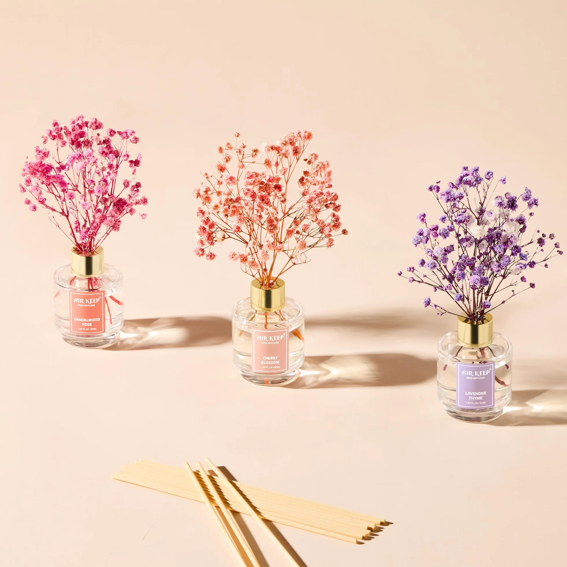 Airkeep Diffuseur de Parfum 50ml*3 Lavender Thyme Sandalwood Rose Cherry Blossom avec 24 Bâtonnets