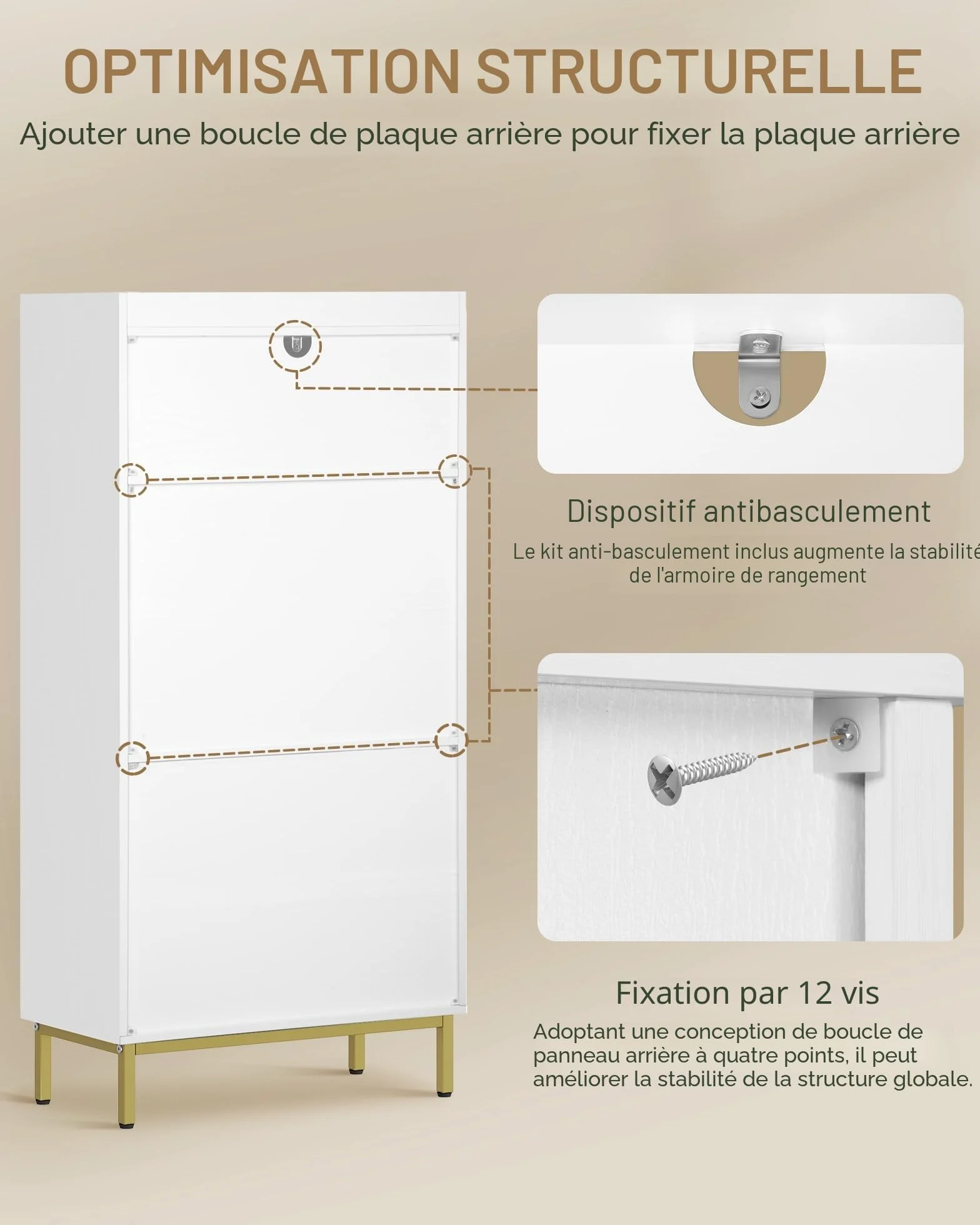 Hzuaneri Meuble Salle de Bain, Armoire de Rangement, Placard Cuisine avec 4 Portes et 1 Espace Ouvert, Armoire de Rangement, Étagères réglables, Salle de Bain, 30 x 60 x 120 cm, Blanc-Or SC45613G