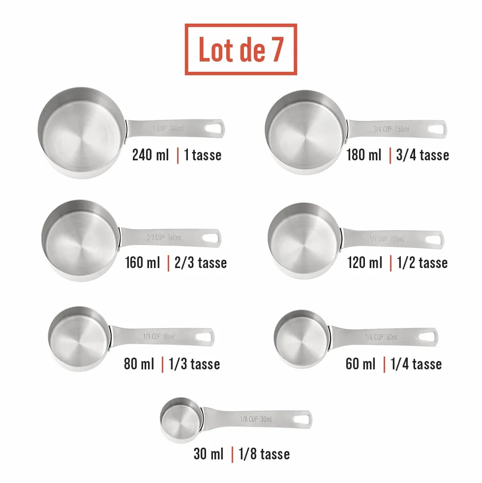 Lot de 7 Cuillère Doseuse en Acier Inoxydable - Tasse et Cuillère Mesure de Cuisine pour Ingrédients Secs ou Liquides