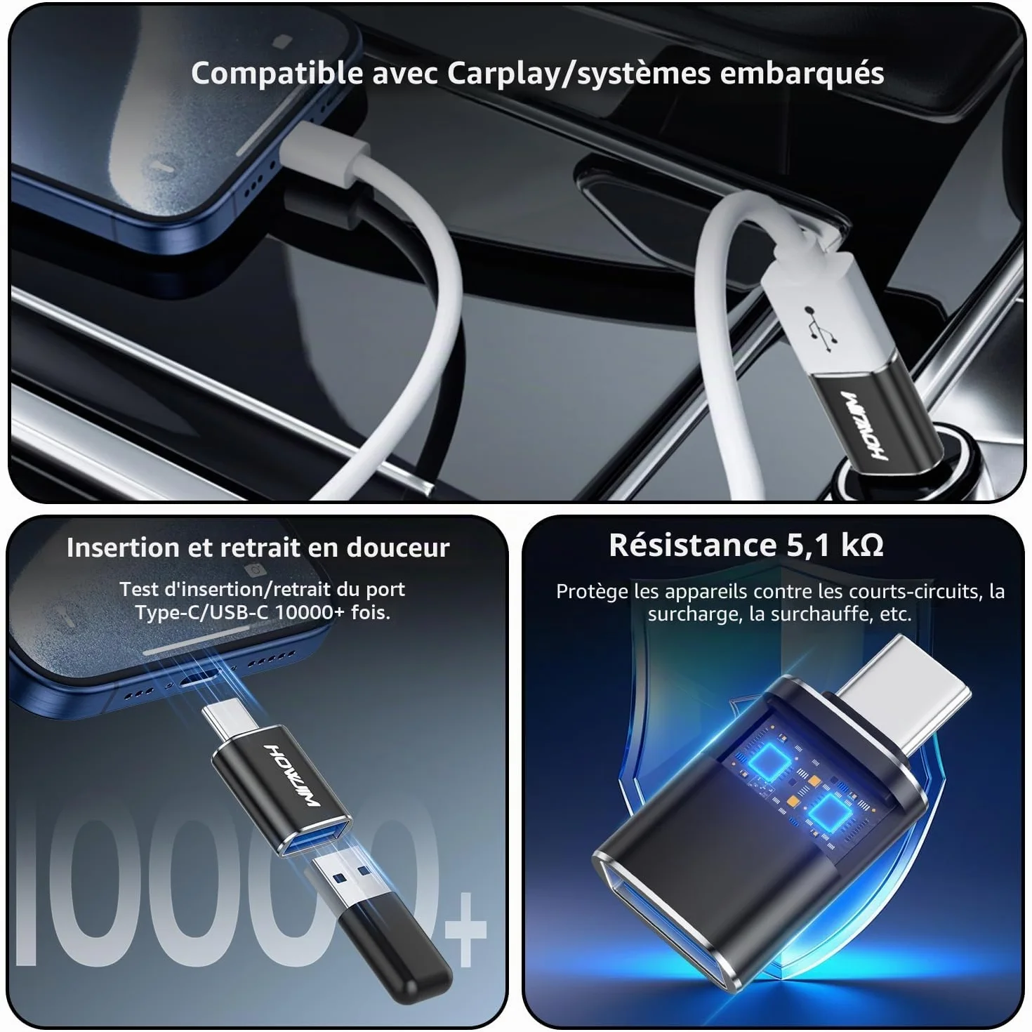 Adaptateur USB C vers USB Lot de 2, Charge Rapide 100W, 10Gbps USB 3.2 Femelle vers Type-C Mâle OTG Noir