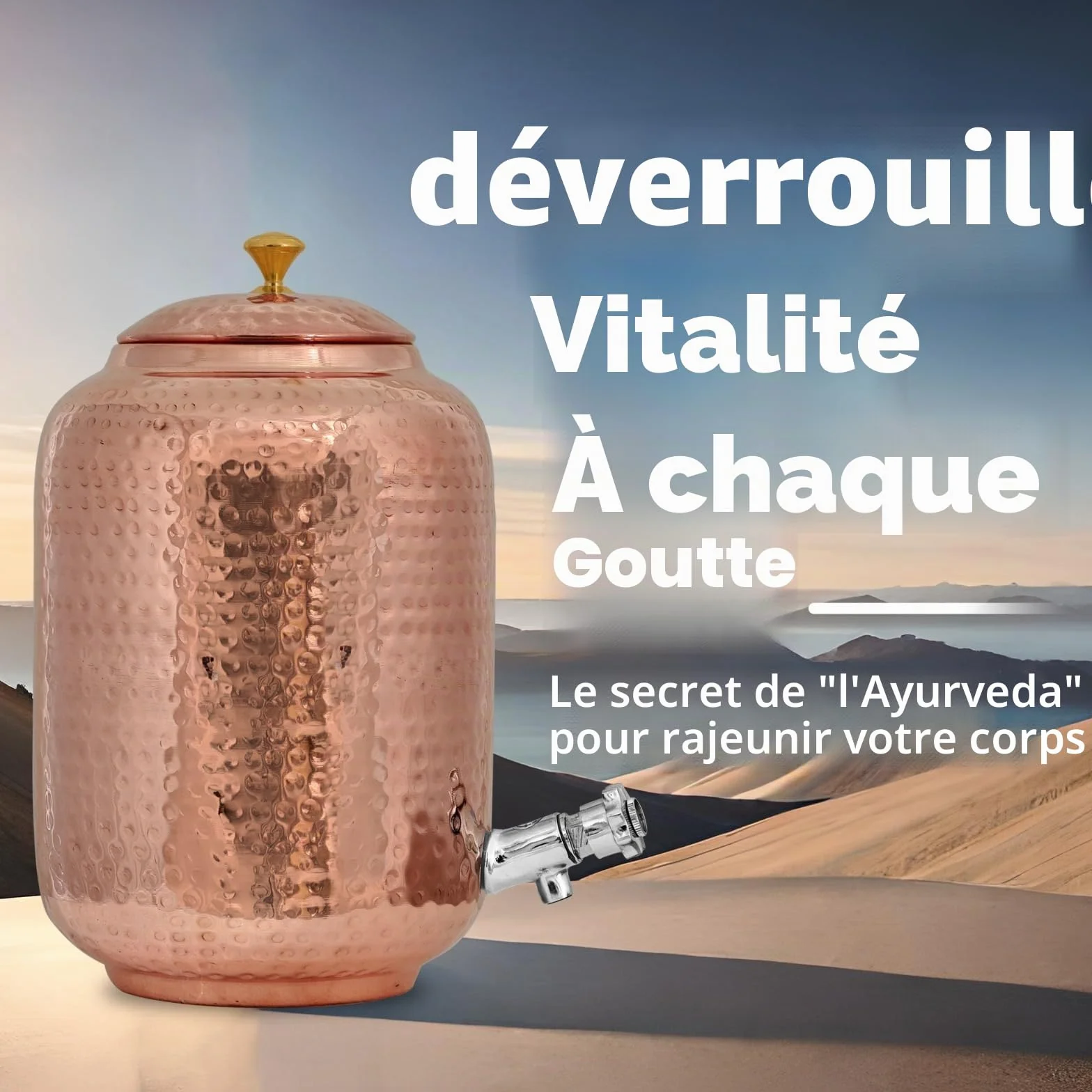 Distributeur d'eau en cuivre de 8 l et 2 verres avec bouteille d'eau, martelé à la main, hydratation ayurvédique