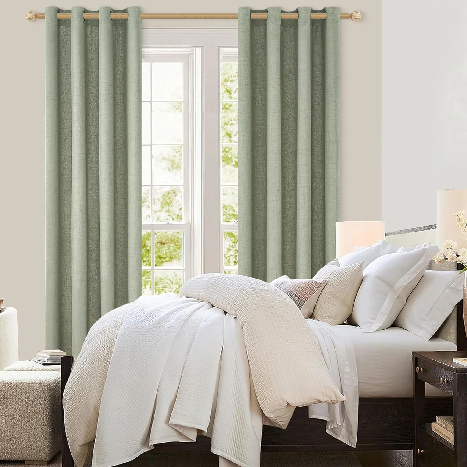 CUTEWIND Rideaux Voilage en Lin Vert Sauge Courts 140x145 CM, Rideau Voilage Fenetre Baie Vitrée Translucide à Oeillets, Rideau Voile Effet Lin pour Salon Chambre Cuisine, 2 Pièces