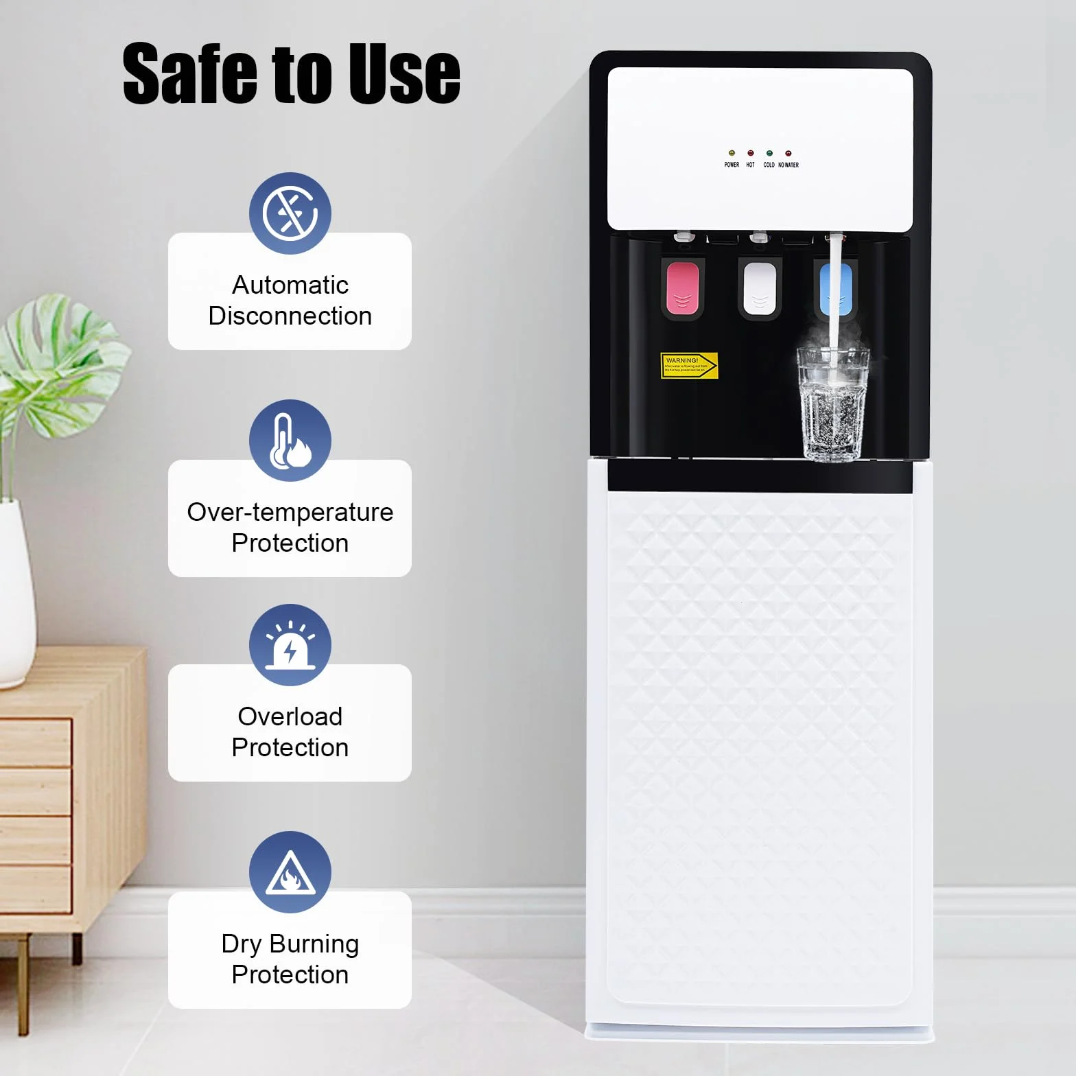 Fontaine à Eau Chaude et Froide, Distributeur d'eau Chargement par Le Bas, sans Soulever, 90W/500W Ultra-Silencieux, Réservoir PP Alimentaire, Idéal pour Bureau, Maison, Crèche - Blanc