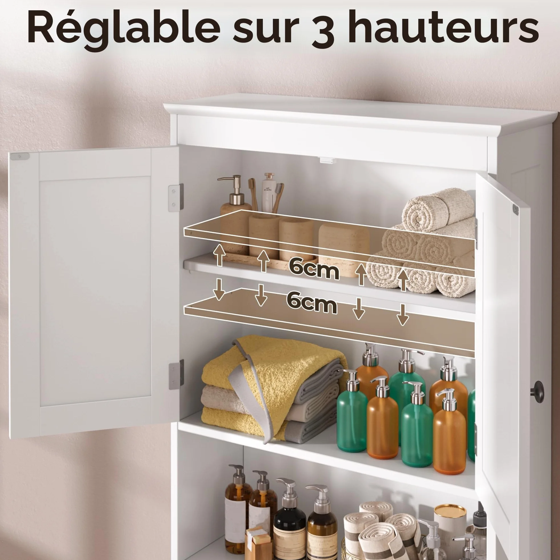 Armoire de Salle de Bain,Meuble Toilettes WC Rangement, Meuble au-Dessus des Toilettes, étagère réglable,pour Salle de Bain, Toilettes,167×60×23cm,Blanc