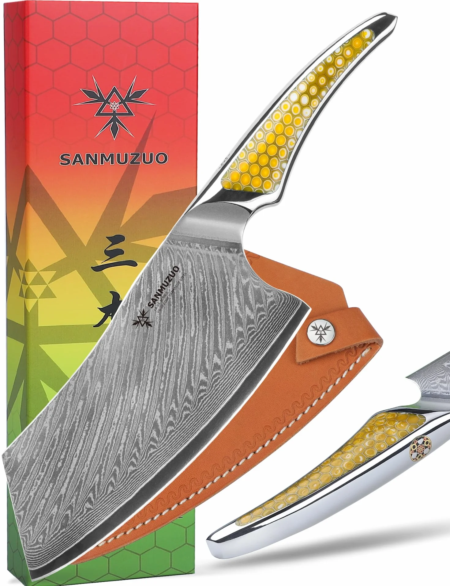 Couteau Nakiri 18 CM, Couperet à viande en acier Damas japonais VG-10, Couteau à légumes ultra tranchant avec manche pleine soie en résine Jaune, série LA-S9