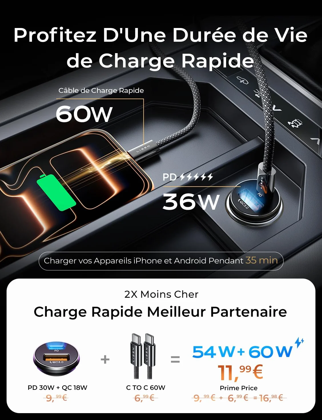 LISEN Chargeur Voiture USB C 54W+60W C-C Câble, Prise Allume Cigare 12V, Accessoire Voiture Interieur pour iPhone 17 Pro Max Galaxy S25